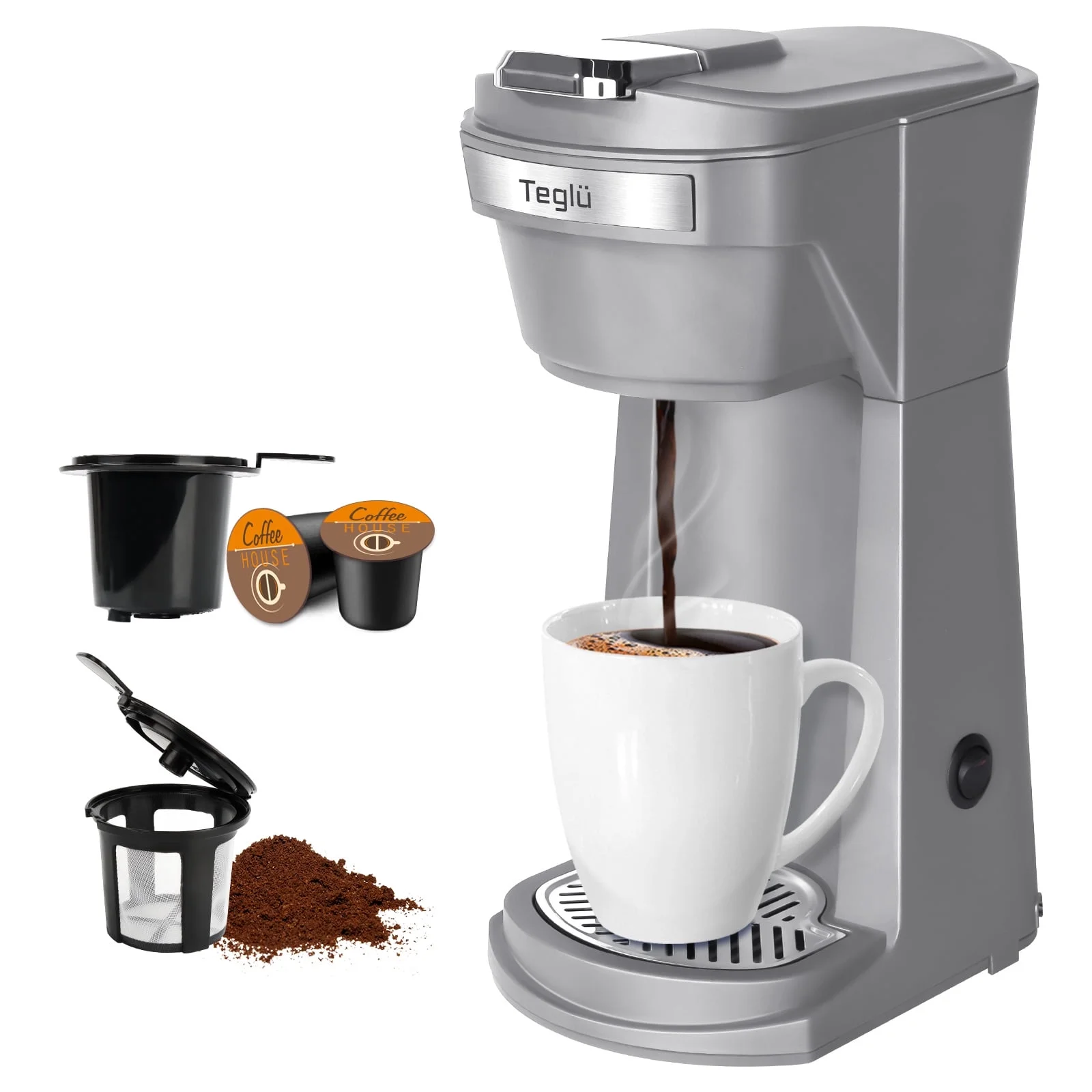 2 in 1 Single Serve Coffee Maker for K Cup Pods & Ground Coffee, Mini K Cup Coffee Machine with 6 to 14 oz Brew Sizes, Single Cup Coffee Brewer with One-Press Fast Brewing, Reusable Filters,Red