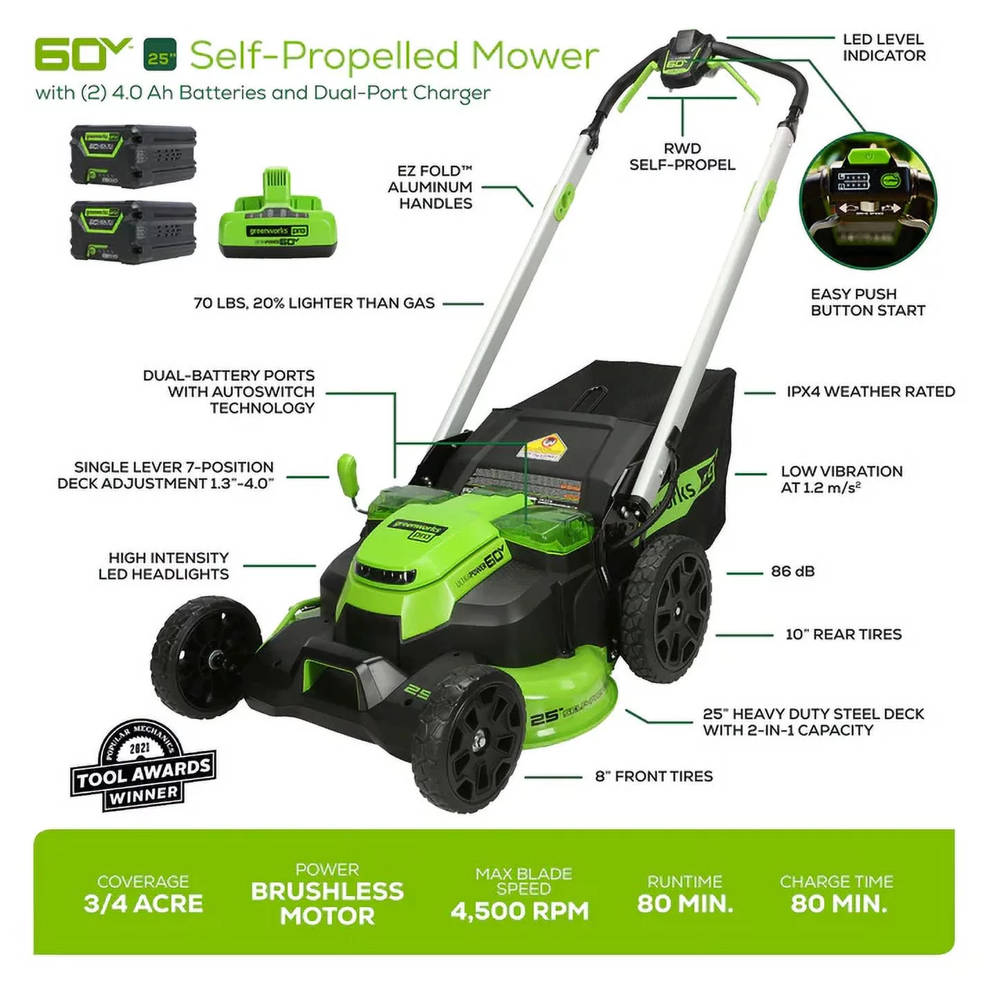 Greenworks 60V 25″ Cordless Brushless Self-Propelled Lawn Mower with Two (2) 4.0Ah Batteries & Dual-Port Charger