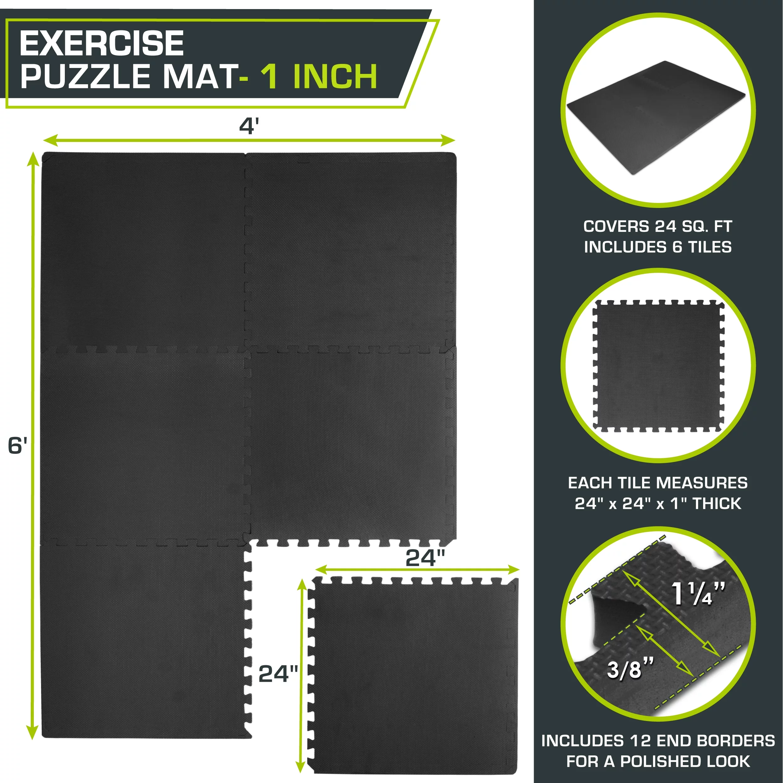 ProsourceFit Exercise Puzzle Mat 1-in, Black, 24 Sq Ft – 6 Tiles