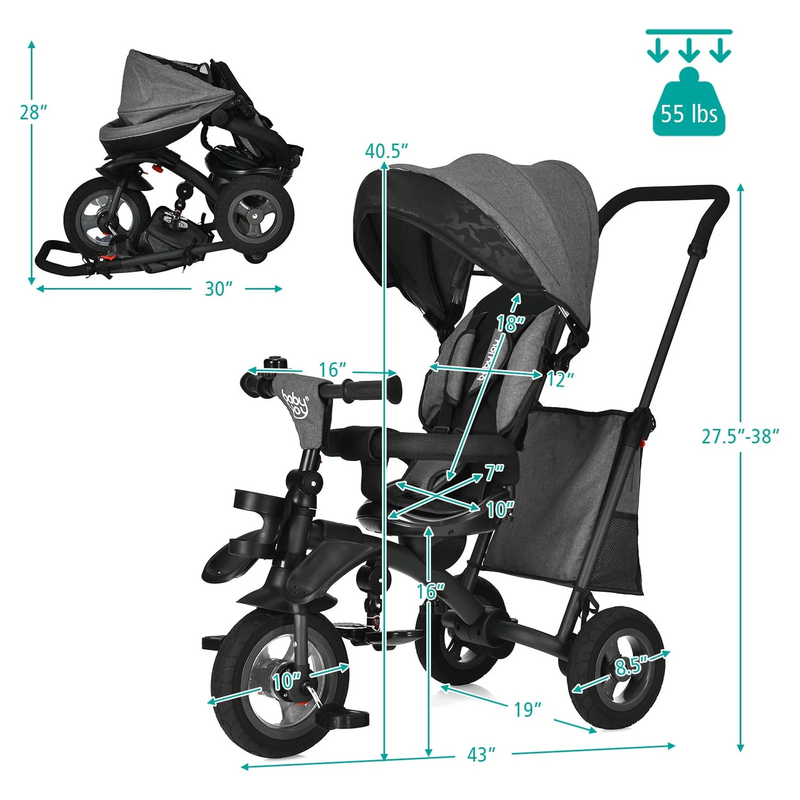 Infans 7-In-1 Kids Baby Tricycle Folding Steer Stroller w/ Rotatable Seat Grey