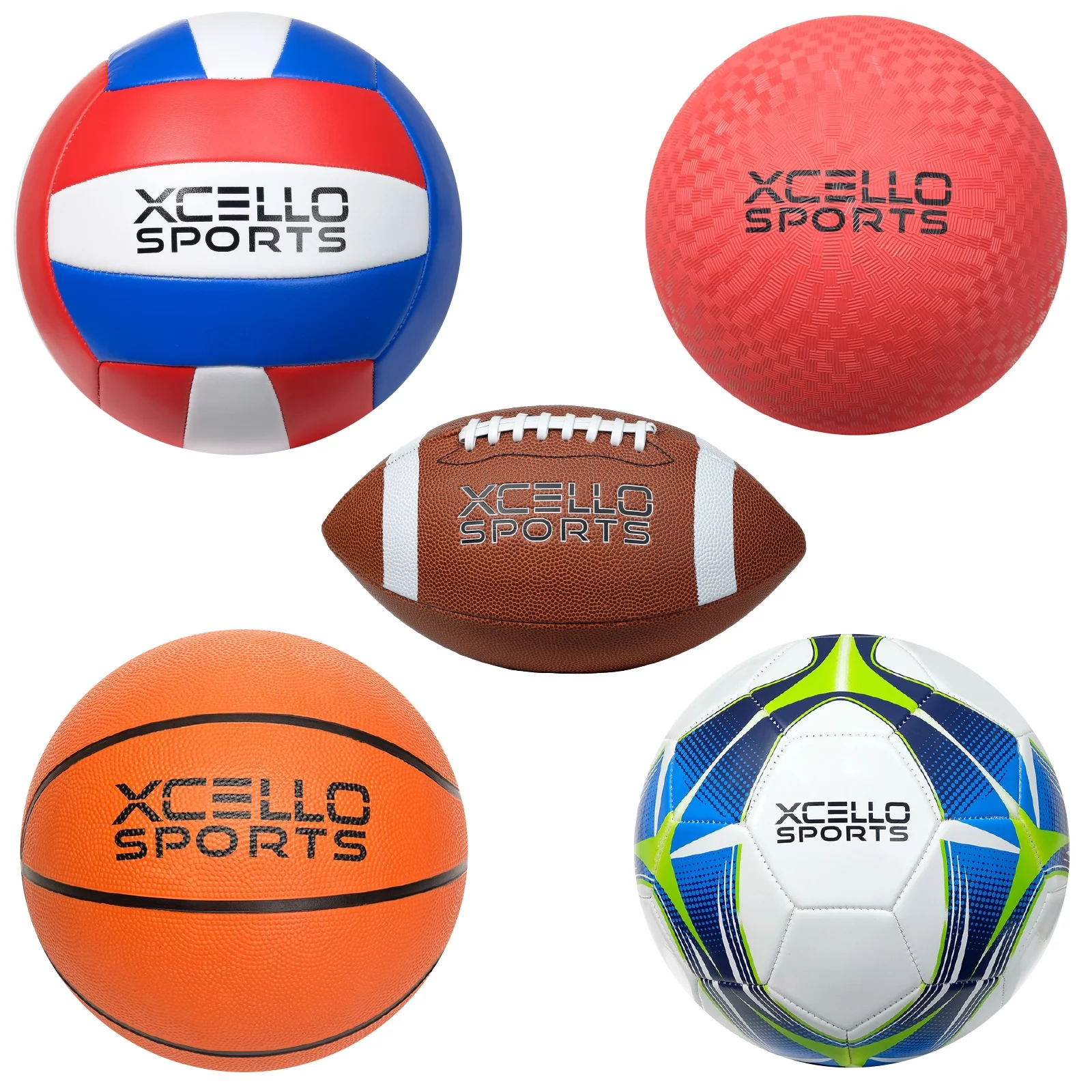 Xcello Sports Multi Sport 5 Ball Assortment, Football, Basketball, Soccer ball, Volleyball, and Kickball with Ball Pump and Carry Bag