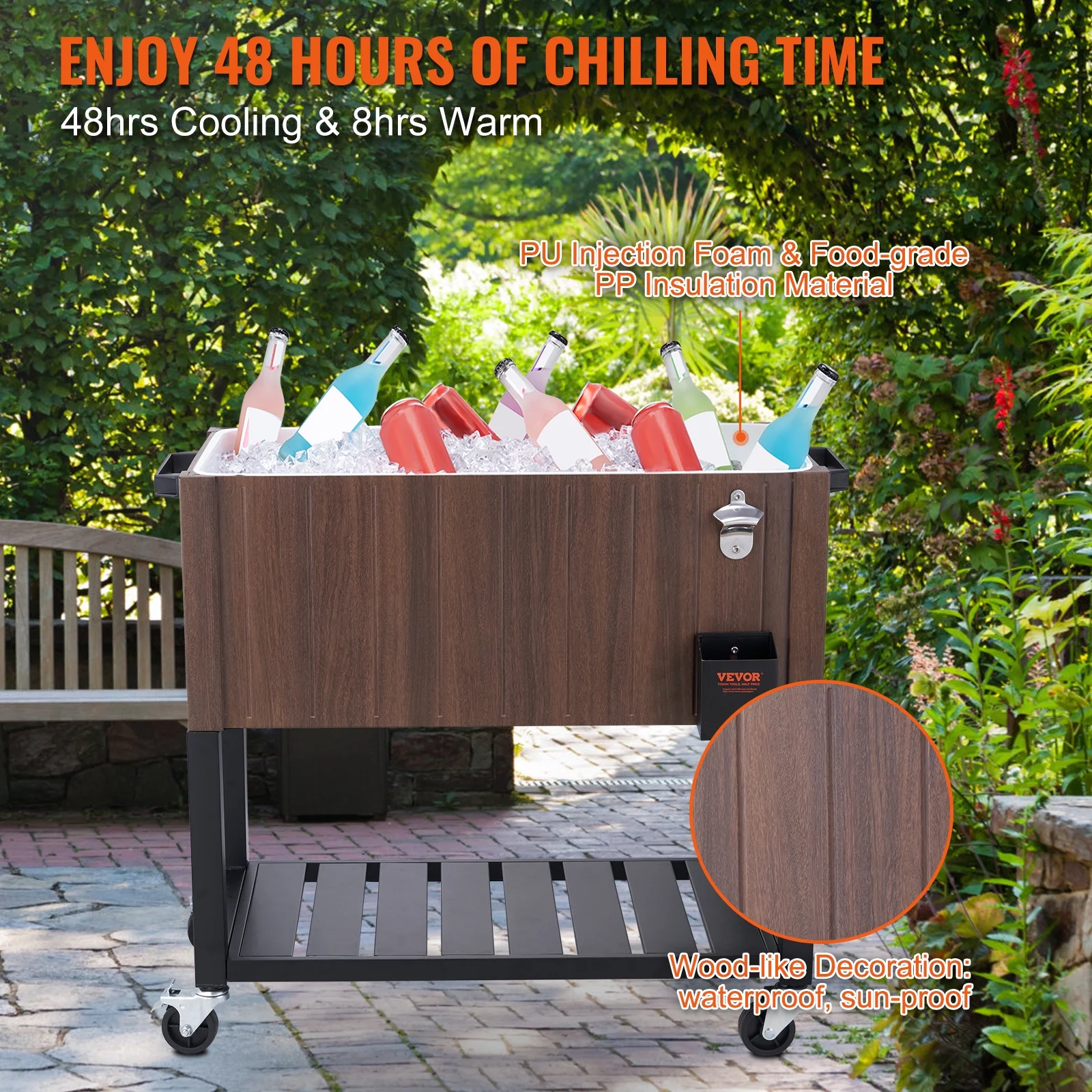 BENTISM 80Qt Rolling Cooler Cart with Bottle Opener Drainage Patio Party Bar Drink