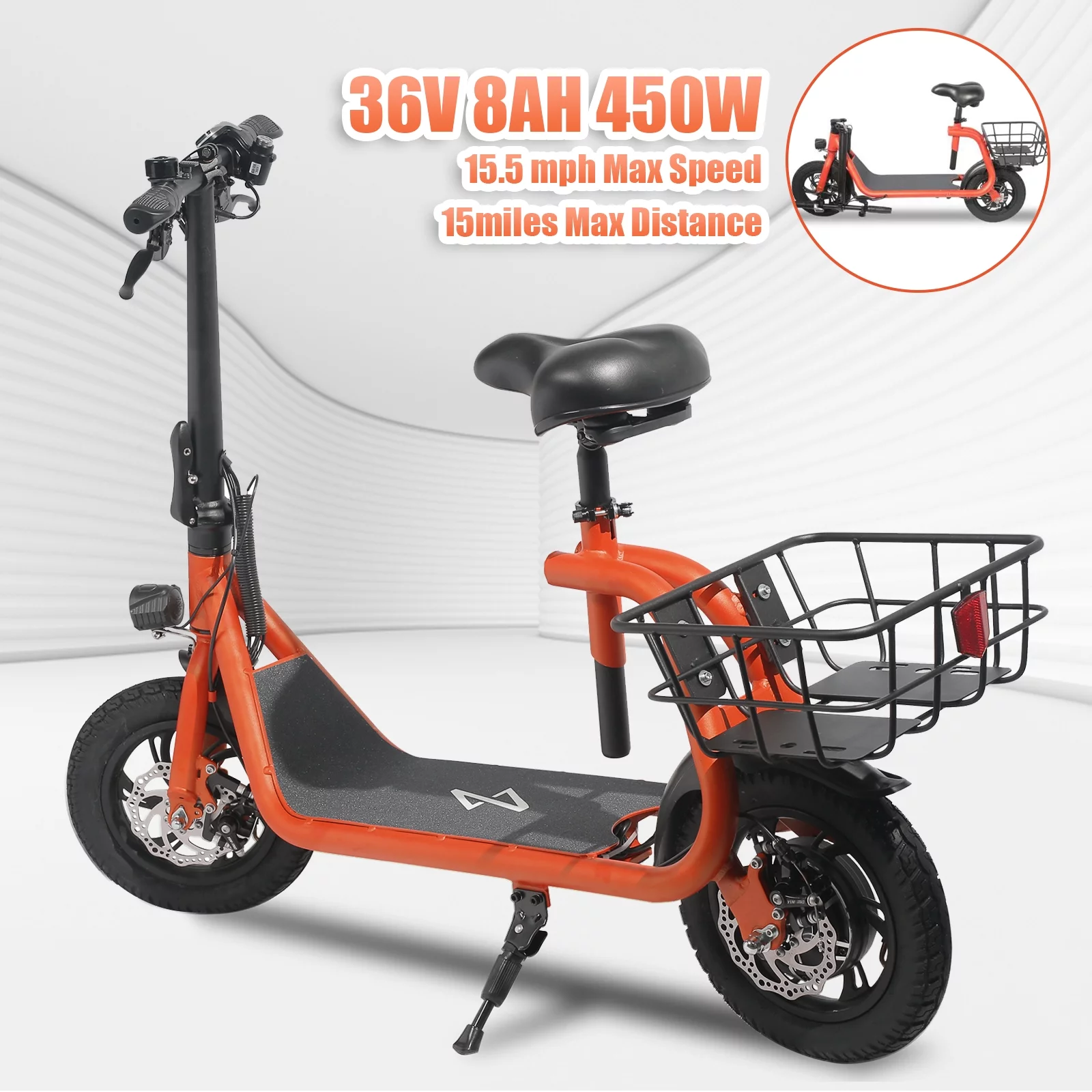 36V 450W Sports Electric Scooter 12″ Tires Ebike Moped with Seat for Adult Commuter