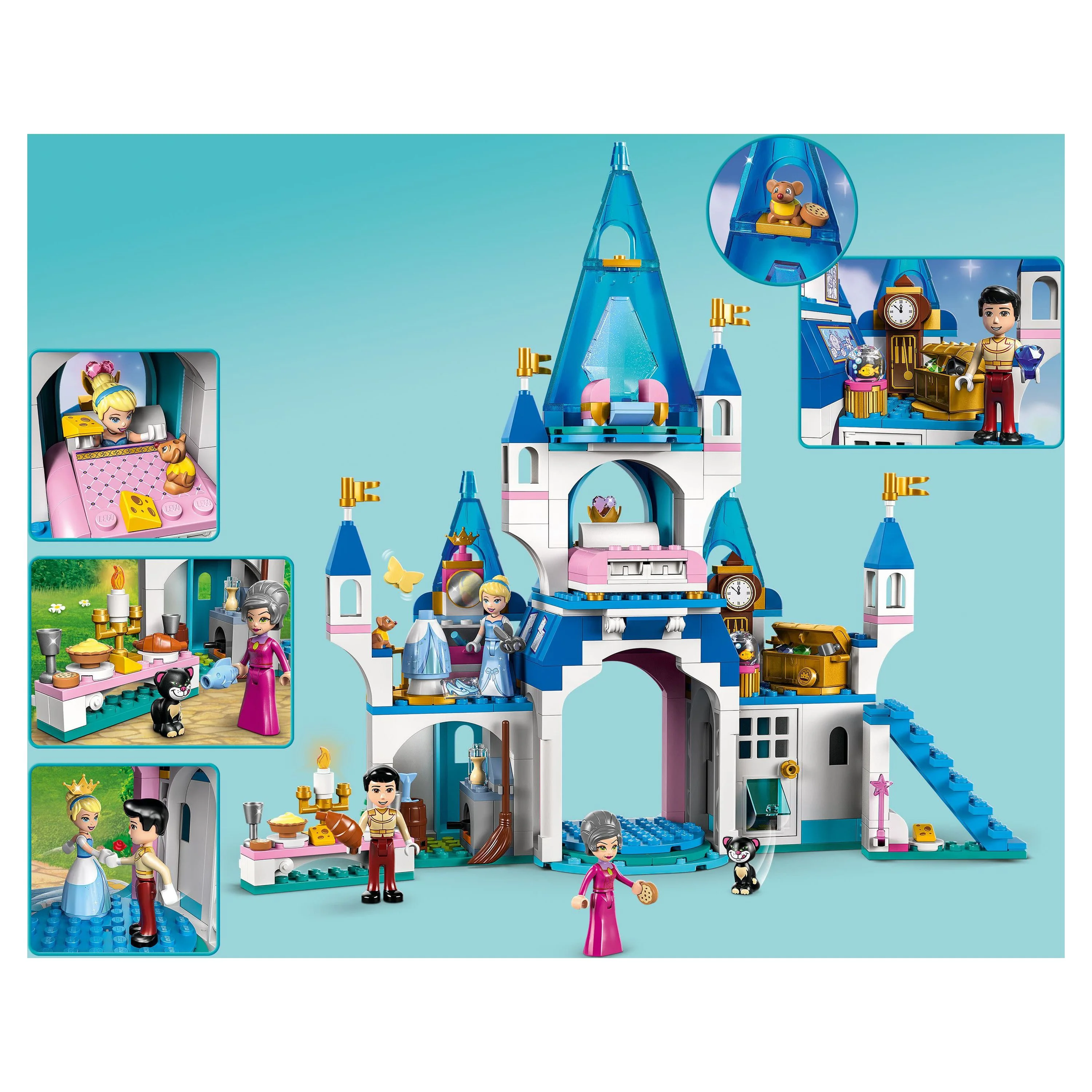 LEGO Disney Princess Cinderella and Prince Charming’s Castle 43206 Doll House, Buildable Toy with 3 Mini Dolls, plus Gus Gus and Lucifer Figures