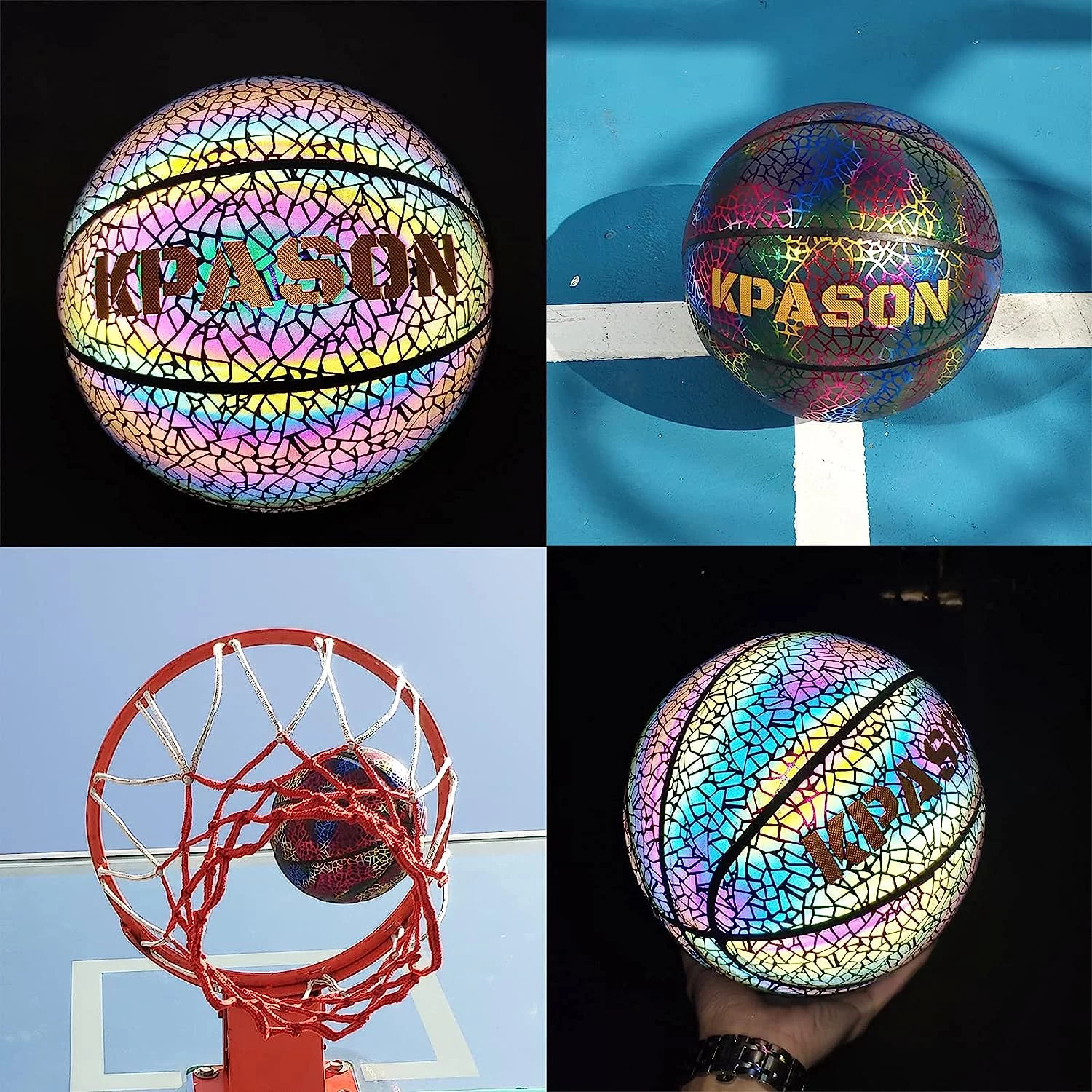 KPASON Basketball, Holographic Basketball Size 5 (27.5″) & Size 7 (29.5″) for Kids & Adults, Reflective Glowing Composite Leather Basketball, Indoor Outdoor Night Basketball Gifts for Boys Girls