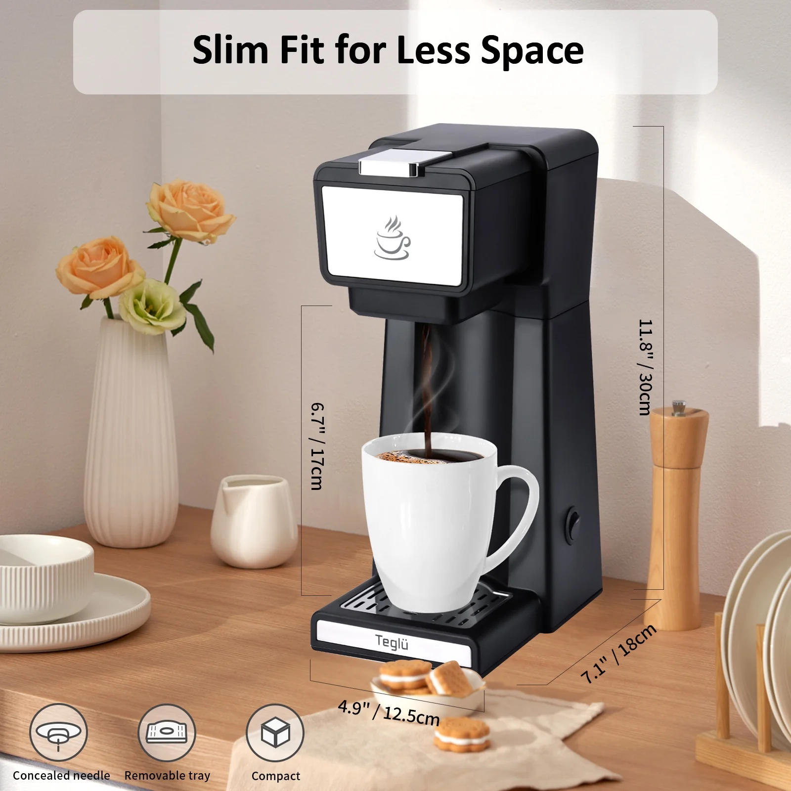 Slim Single Serve Coffee Maker 2 in 1 for K Cup Pod & Ground Coffee, Mini K Cup Coffee Machine 14 Oz, One Cup Coffee Brewer with One-Bouton Fast Brewing, Reusable Filter, 800W, CM-206, Black