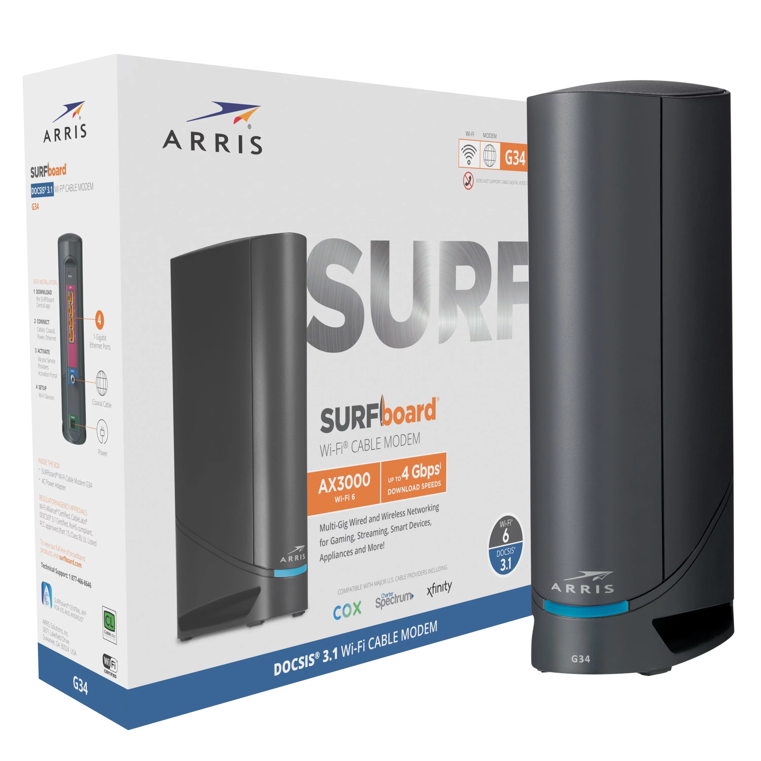 ARRIS Surfboard DOCSIS 3.1 Gigabit Cable Modem and AX3000 Wi-Fi 6 Router, Approved for Cox, Spectrum, Xfinity and Others, Wireless Technology – New Condition