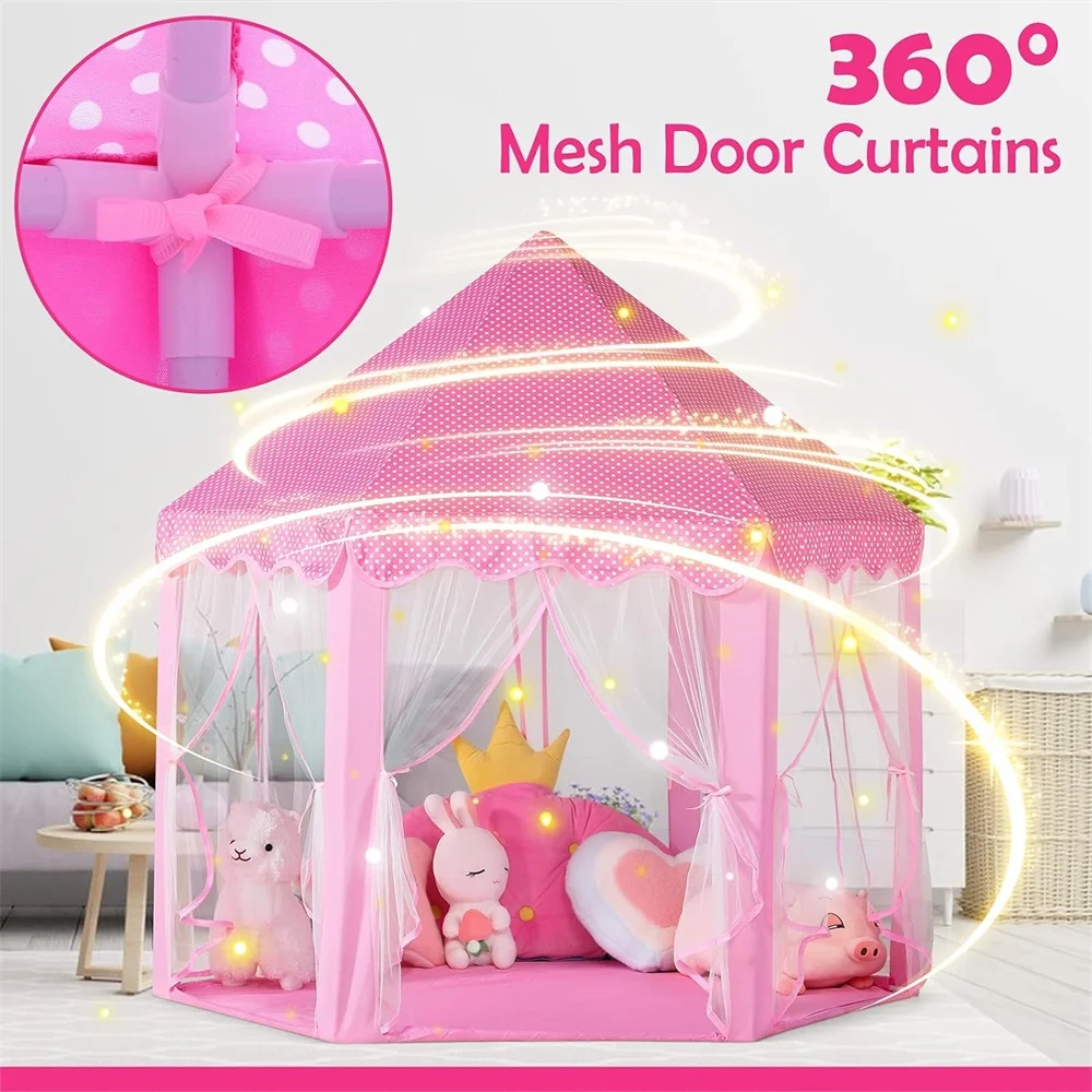 NOGIS Princess Castle Girls Play Tent Toy, Kids Fairy Playhouse Tent with Star Lights, 55” x 53” Playhouse Kids Castle Play Tent for Children Indoor and Outdoor Games Children’s Day Gift,Pink