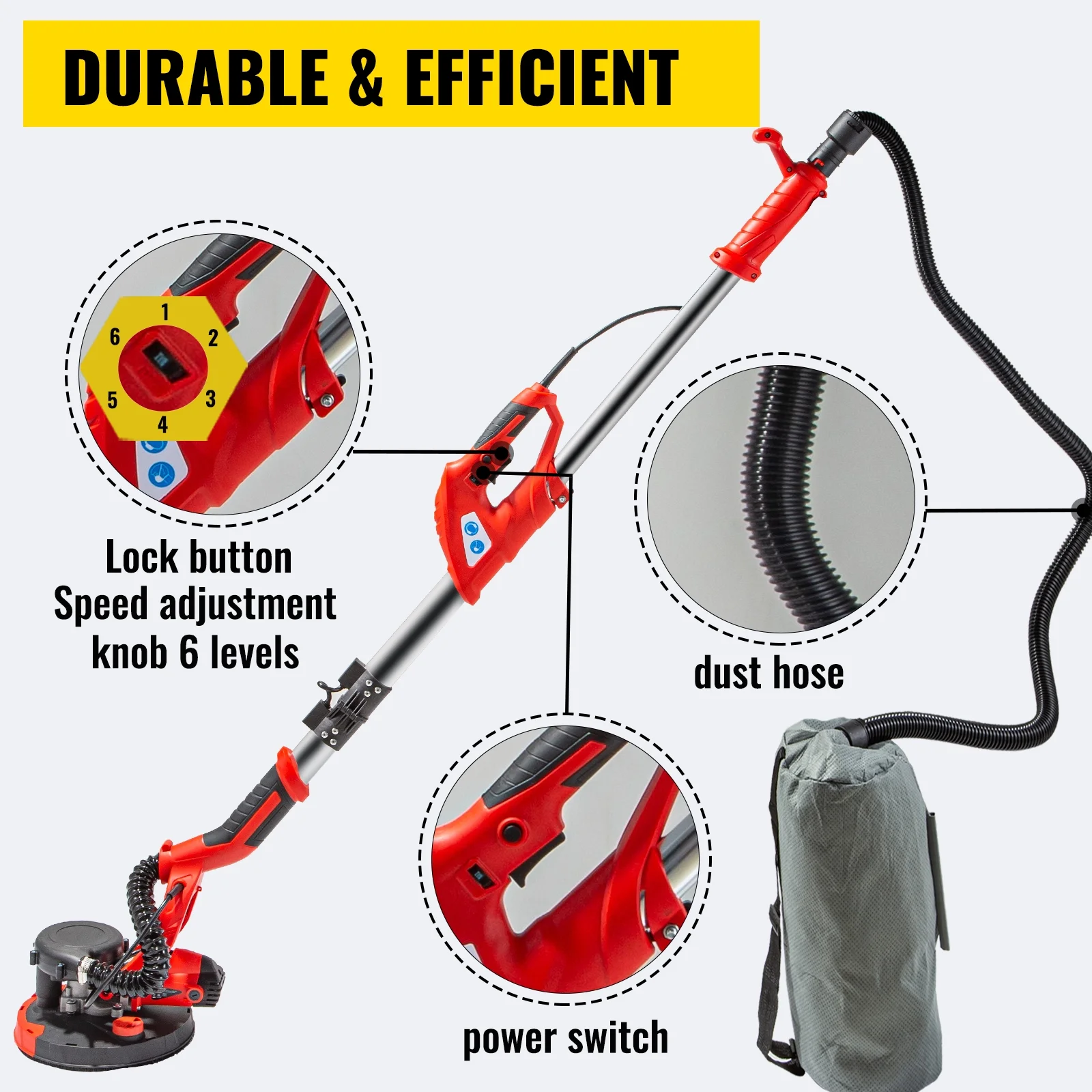 VEVORbrand Electric Drywall Sander 850W, Electric Variable Speed 800-1750RPM, Foldable Sheetrock Sander, with Telescope Handle, Vacuum Bag 6 Sand Pads