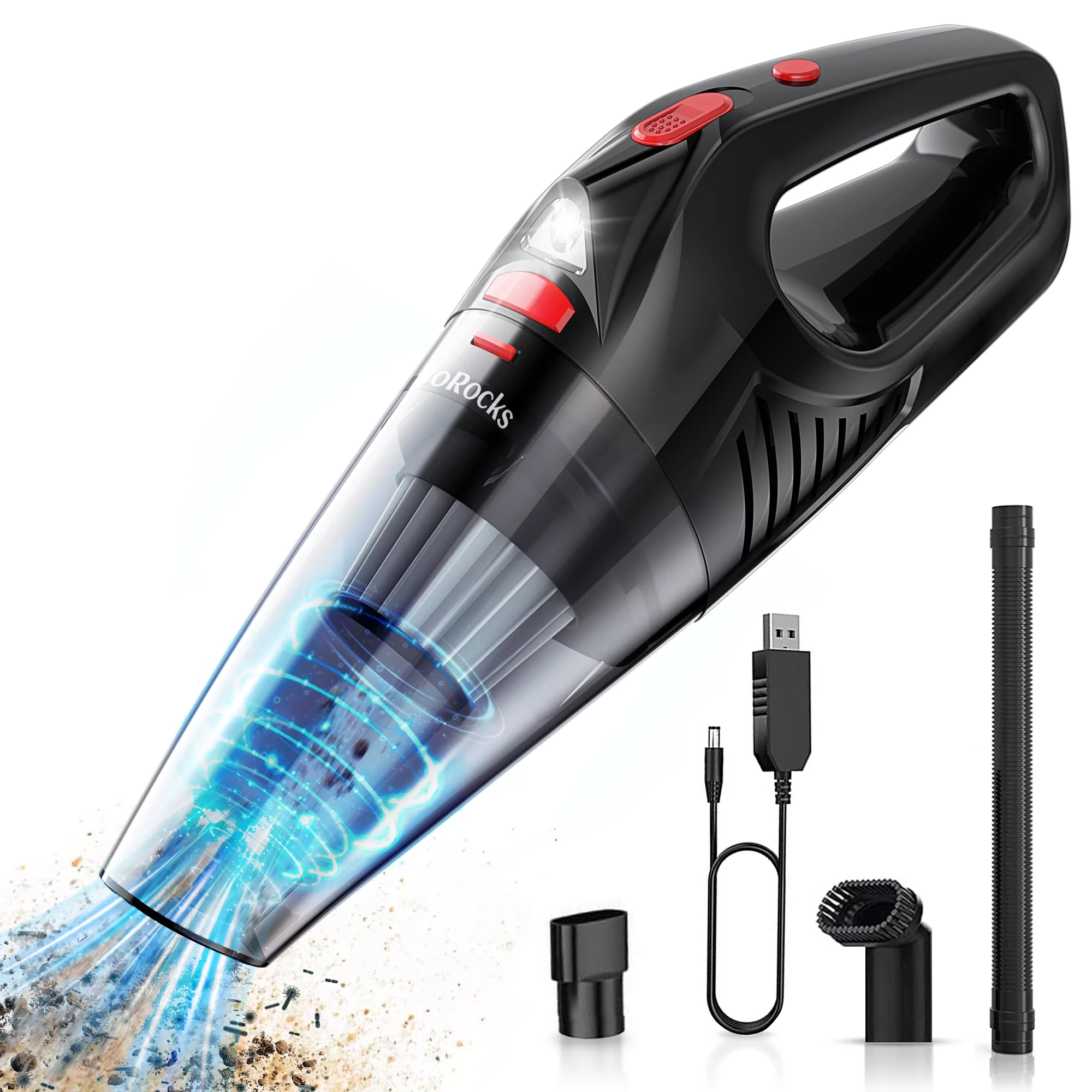 JoRocks Car Vacuum Cleaner Cordless, Portable Cyclone Handheld Duster with LED Lights for Home & Car, Black