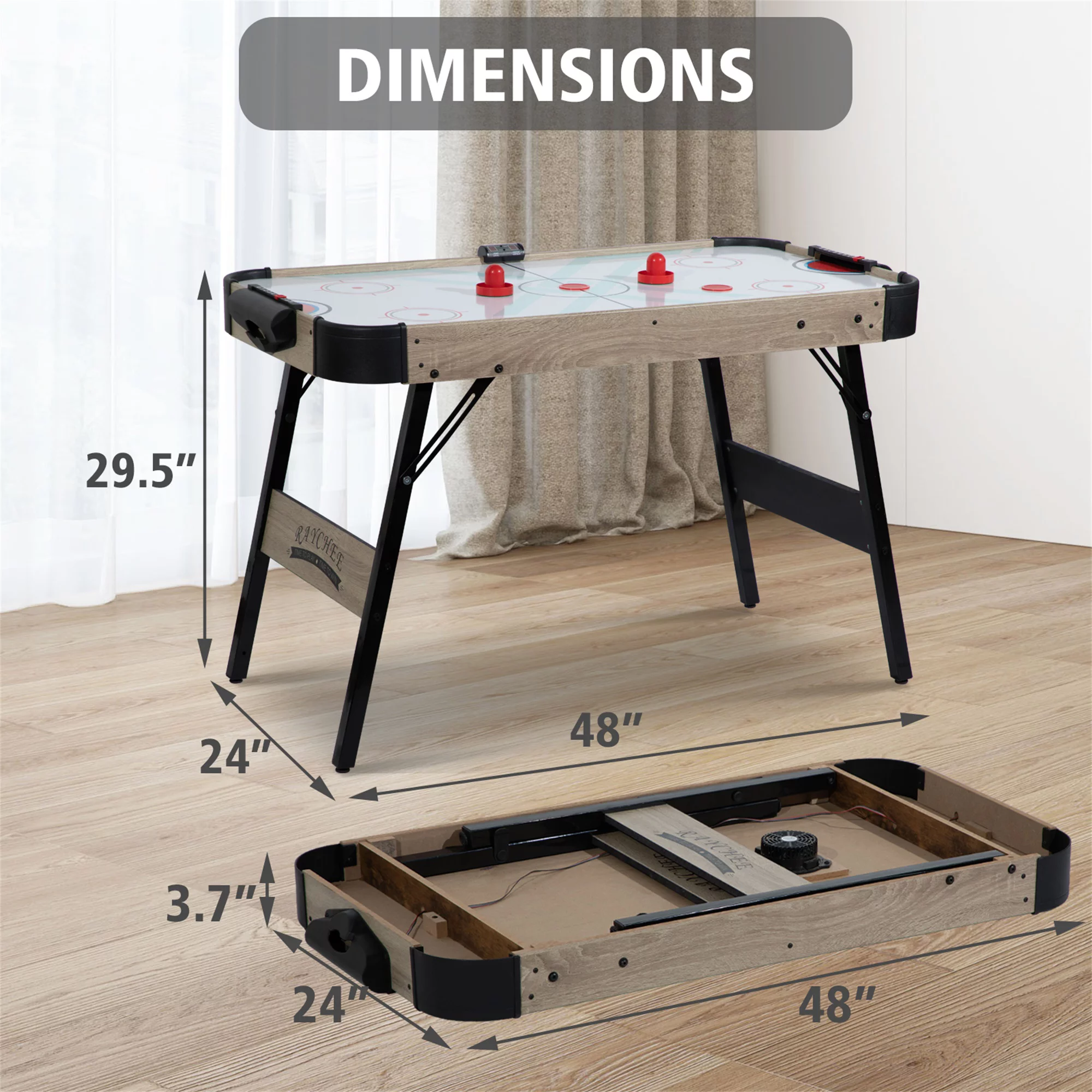 RayChee 48in Foldable Air Powered Hockey Table for Home Game Room w/ 2 Pucks, 2 Pushers, LED Scoreboard, 12V Motor (Oak)