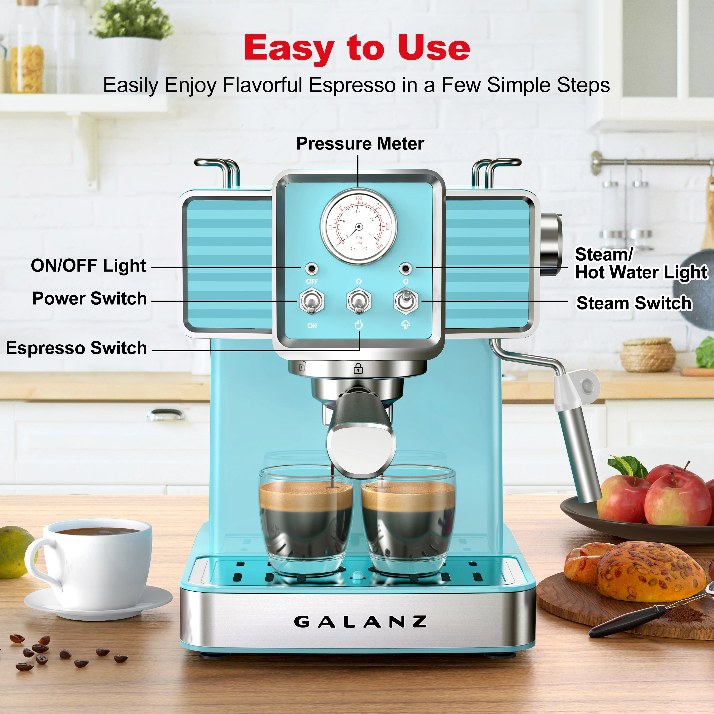 Galanz Retro Espresso Machine with Milk Frother, 15 Bar Pump Professional Cappuccino and Latte Machine, 1.5L Removable Water Tank, Retro Red, 1350 W