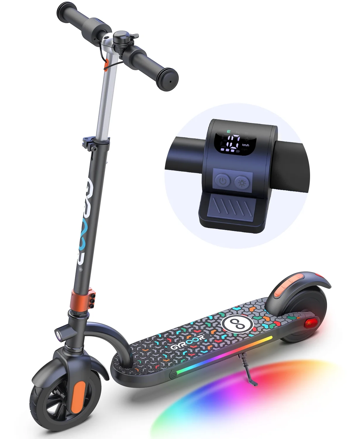 GYROOR Kids Electric Scooter, with 180 Motor & LED Visible Display, Colorful Lights, Adjustable Speed and Height, 10 Mph & 10 Miles Range Electric Scooter, Electric Scooter for Kids Ages 8-12