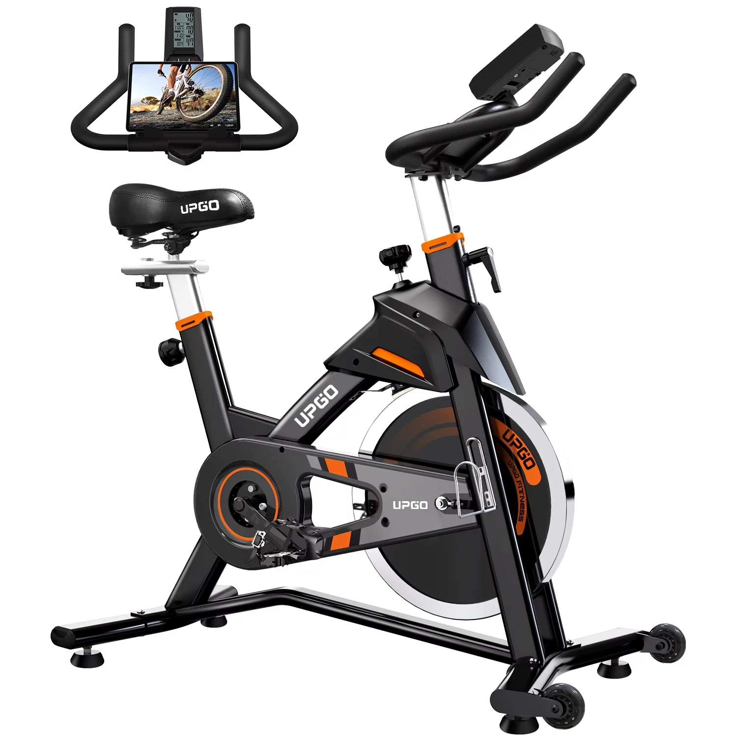 UPGO Indoor Cycling Stationary Exercise Bike for Home with 330LBS Capacity and Comfortable Seat Cushion, Silent Belt Drive, iPad Holder,