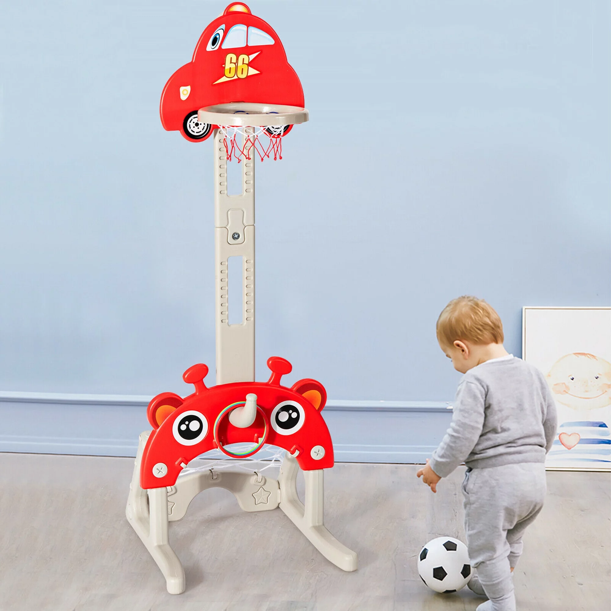 Gymax 3-in-1 Basketball Hoop for Kids Adjustable Height Playset w/ Balls Red