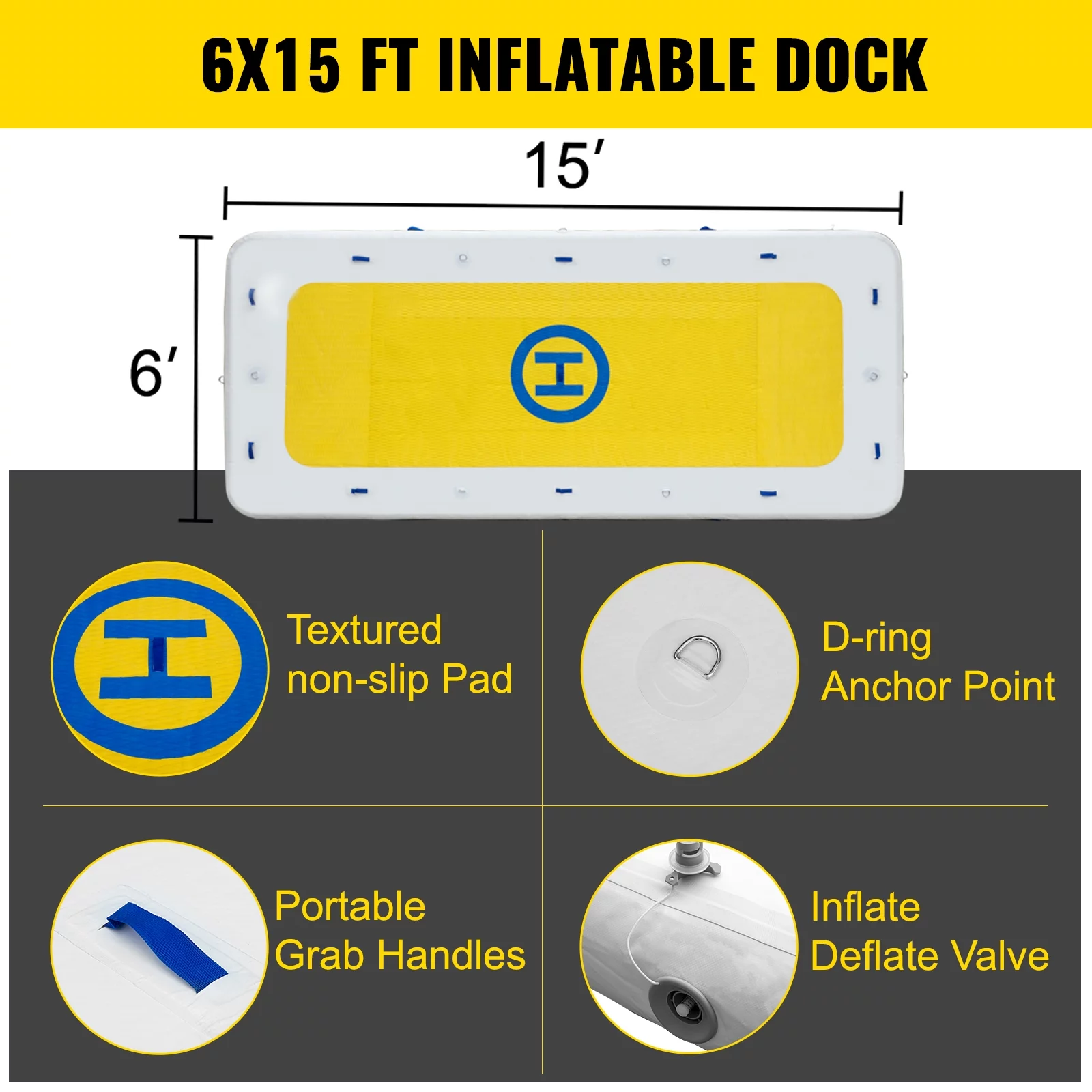 VEVOR Floating Dock 7’x7’x6′ Inflatable Dock, 4-6 Person Inflatable Floating Platform w/ Electric Air Pump&Hand Pump