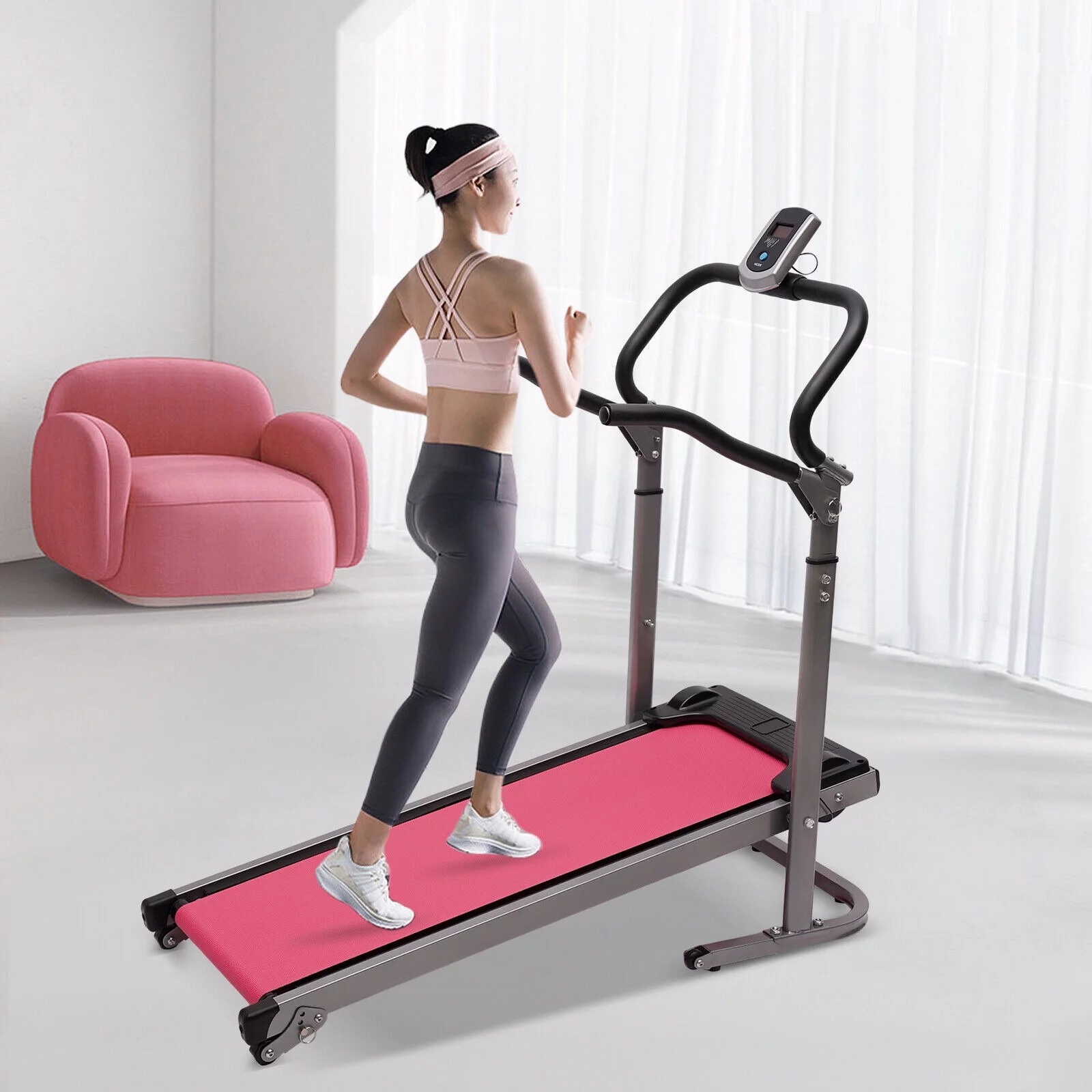 MIDUO Home Folding Treadmill Incline Running Fitness Jogging Machine w/Handrail Pink