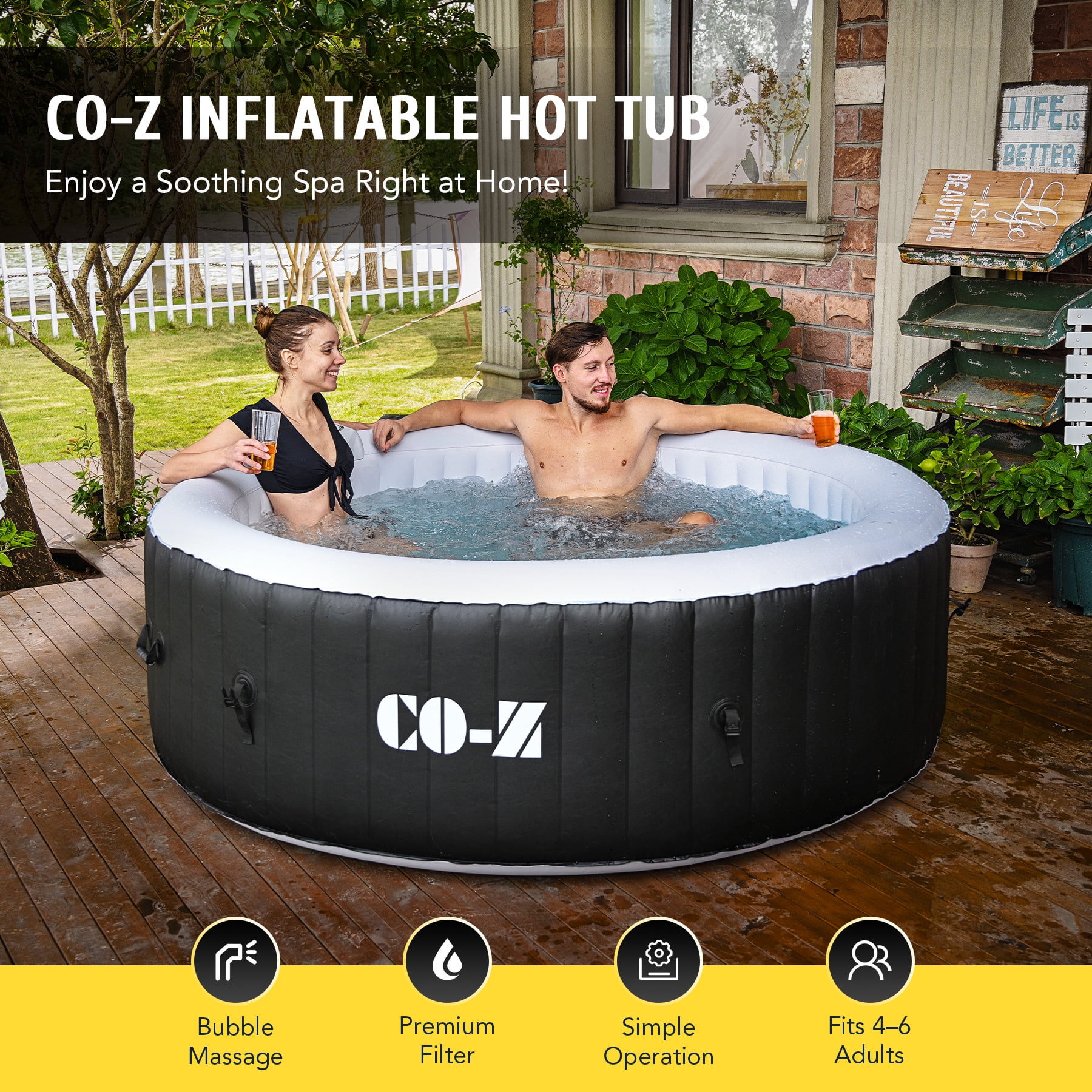 CO-Z 6 Person 7ft Inflatable Hot Tub Pool with Massage Jets and All Accessories Black