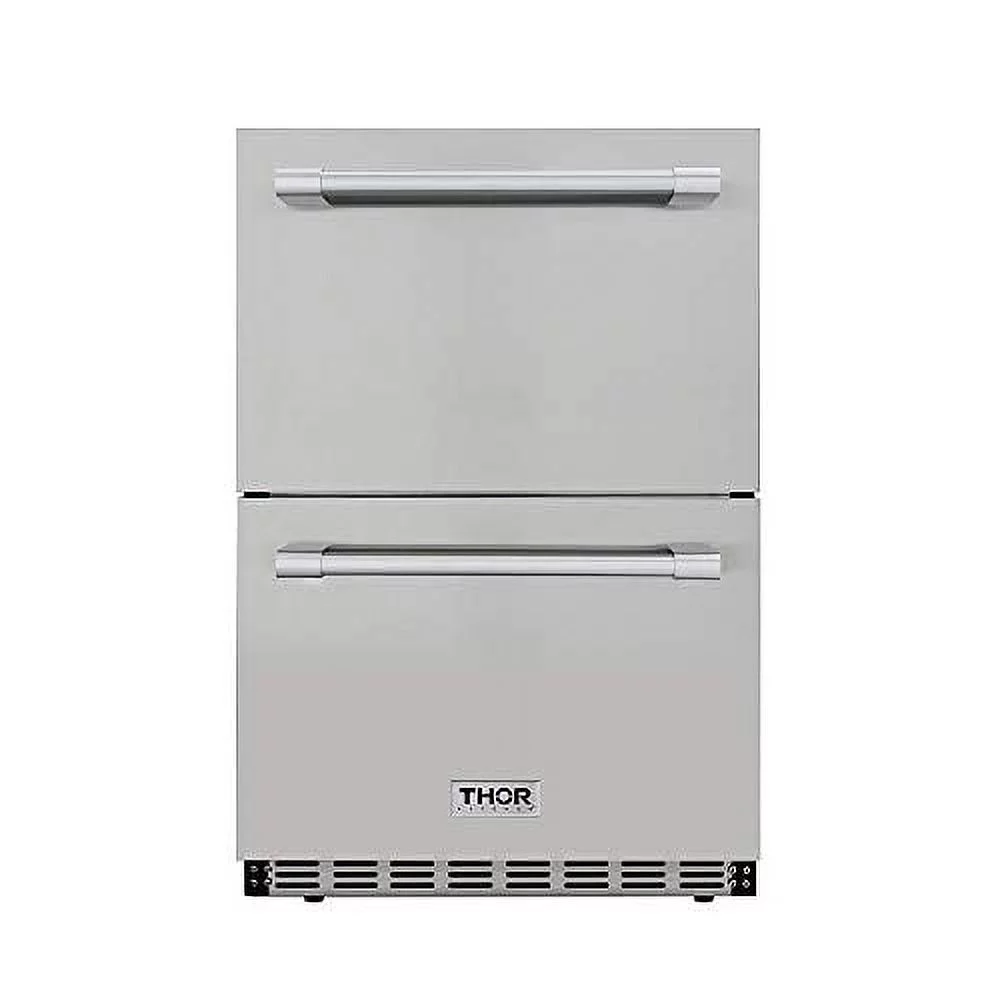 thor kitchen 24″ indoor and outdoor double drawer under-counter refrigerator in stainless steel 5.3cu.ft trf2401u