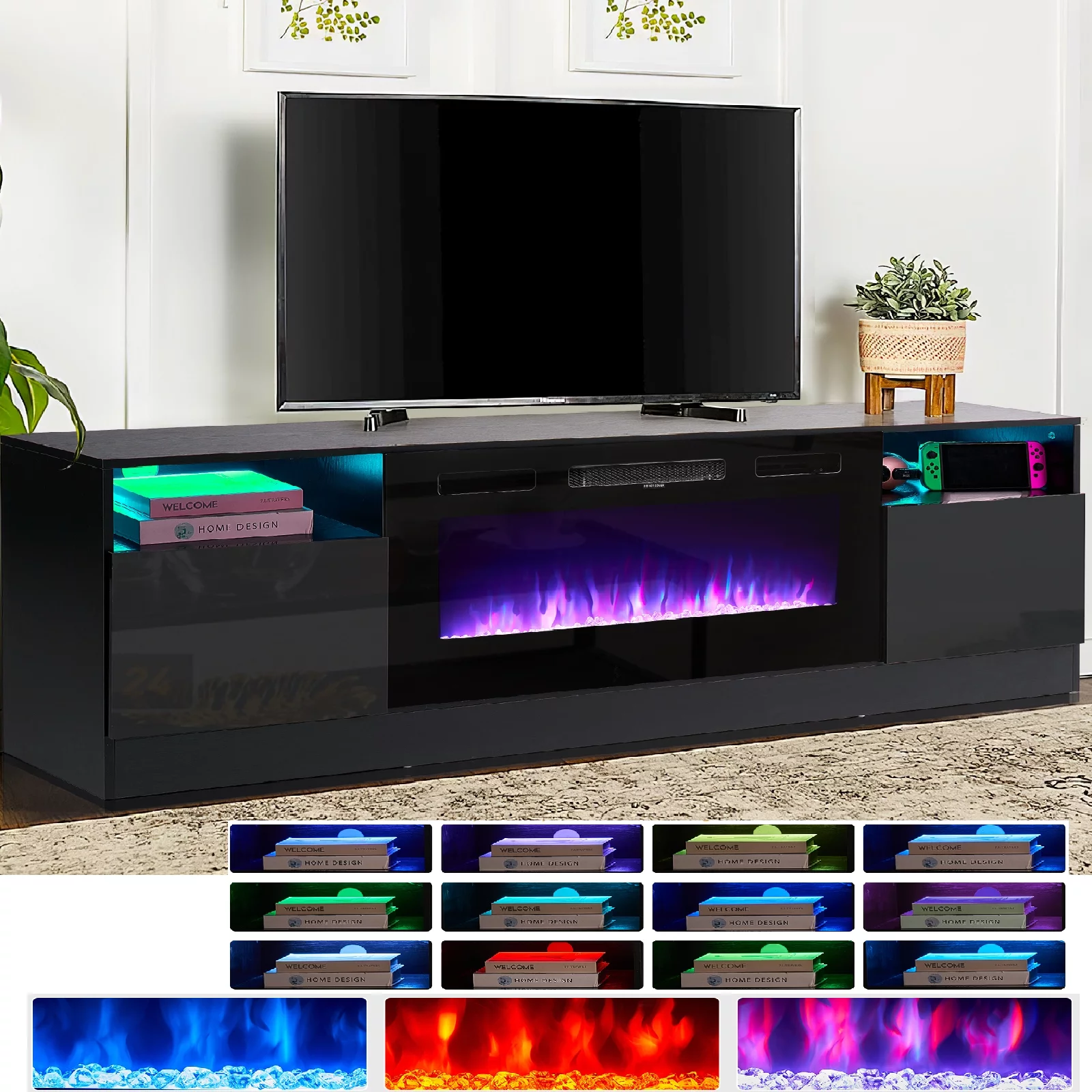 Oneinmil Fireplace TV Stand for TVs up to 80″, TV Stand with 36” Electric Fireplace, LED Lights Entertainment Center, TV Console, Black