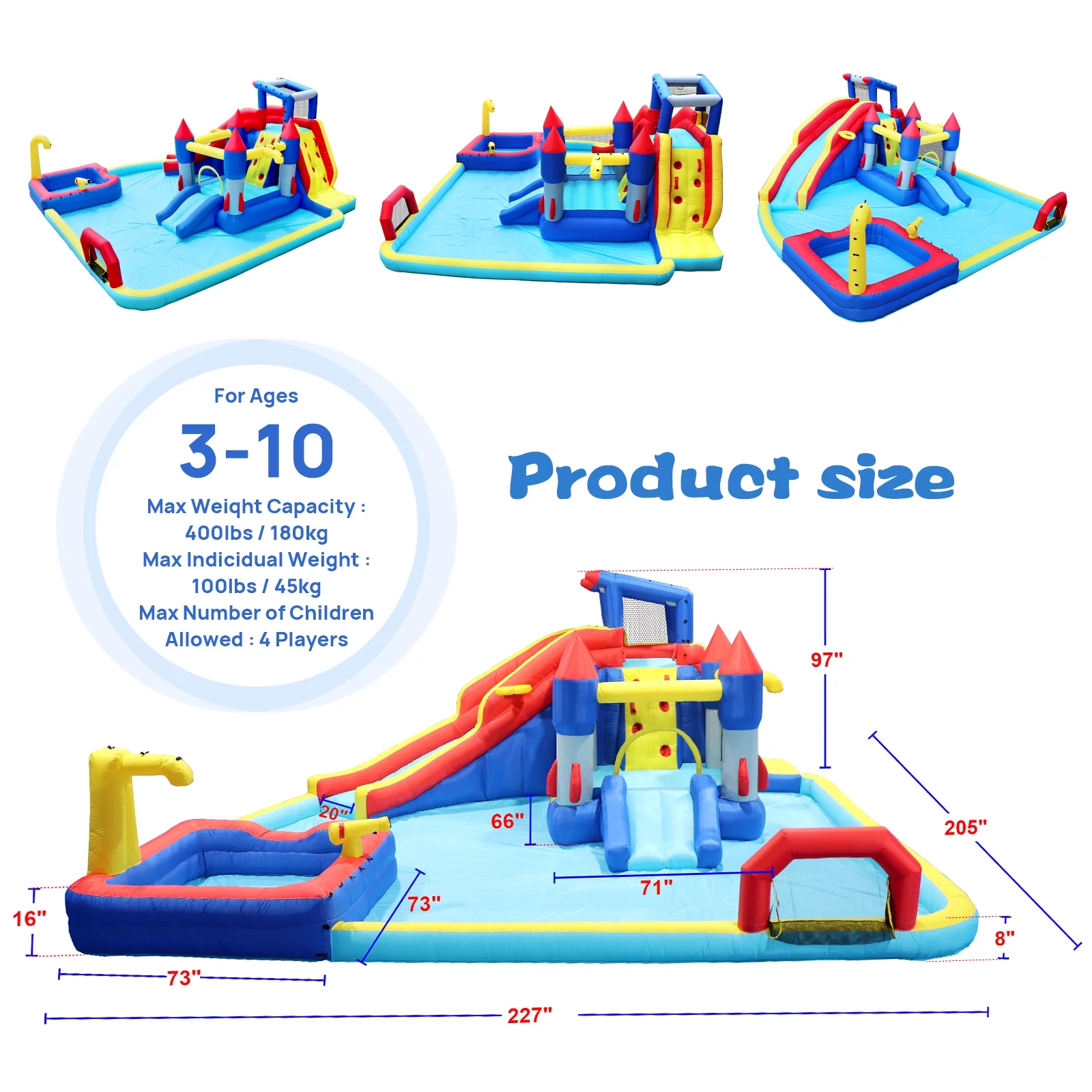 Track 7 Inflatable Water Park,7 in1 Inflatable Slide Water Park Bounce House with Splash Pool & Water Gun & Climbing Wall & Basketball & Soccer & Dual Pools & Blower,Blow Up Water Park Bounce House