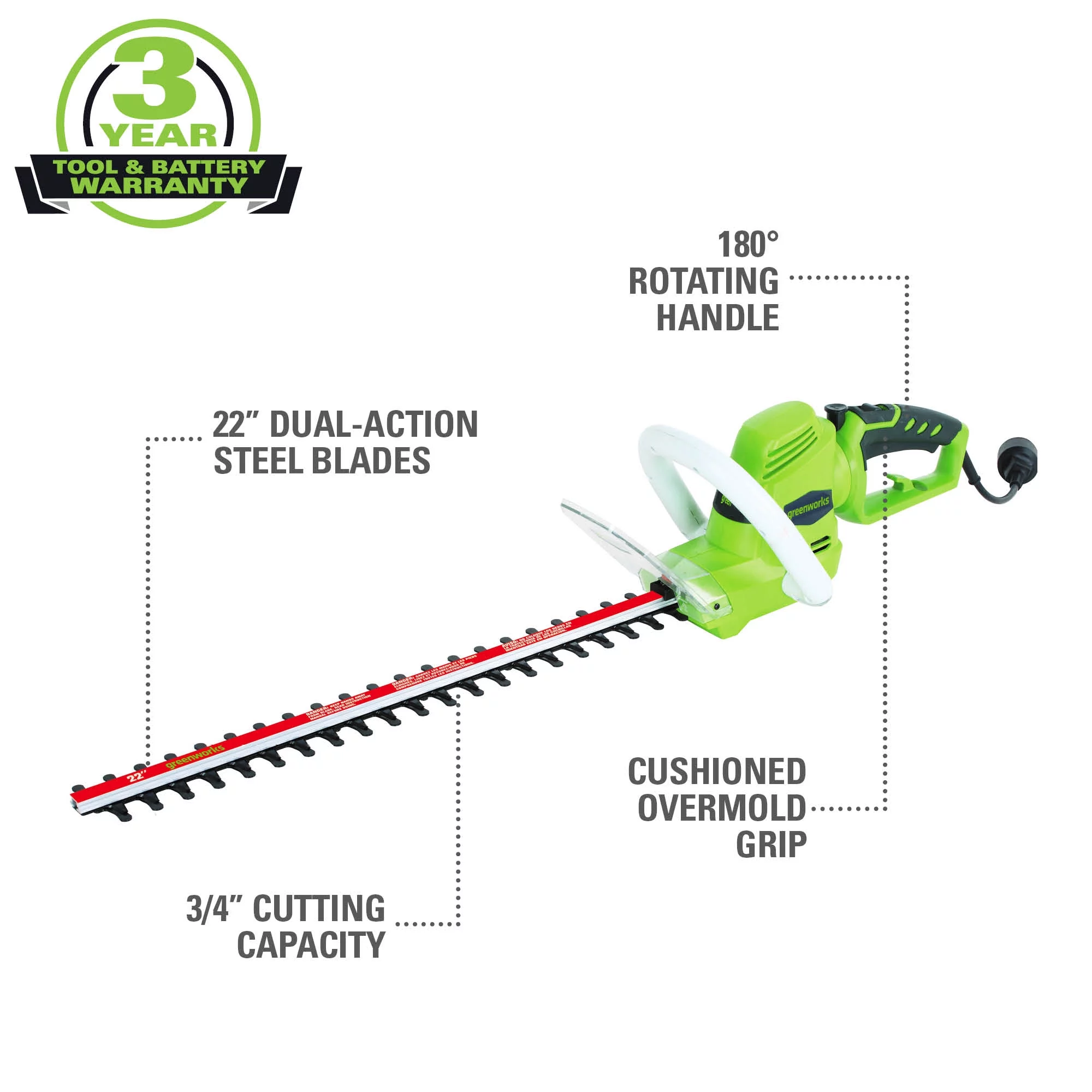 Greenworks 4 Amp 22-inch Corded Electric Hedge Trimmer, 22122