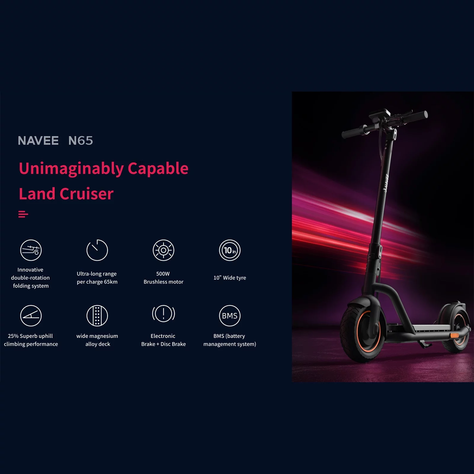 NAVEE N65 Electric Scooter for Adults,  500W Motor, 10” Pneumatic Tires, 40 Miles Range, Double Folding Kick Scooter