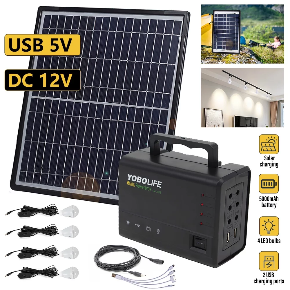 Solar Generator  Portable Generator with Solar Panel,4 LED Lights,Solar Powered Generator Portable Power Stationfor Home Use,Solar Light Kit