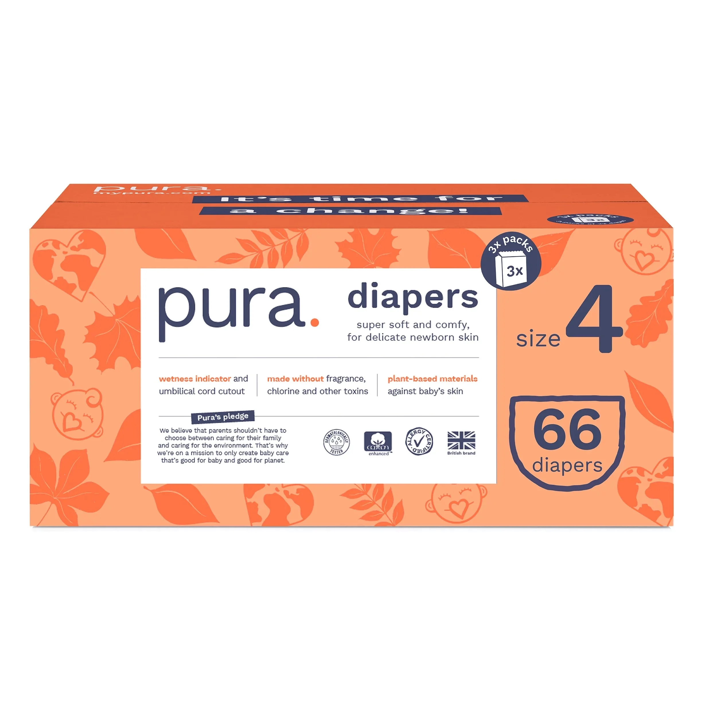 Pura Sensitive Soft Sustainable Diapers Size 4, 66 Count (Choose Your Size and Count)