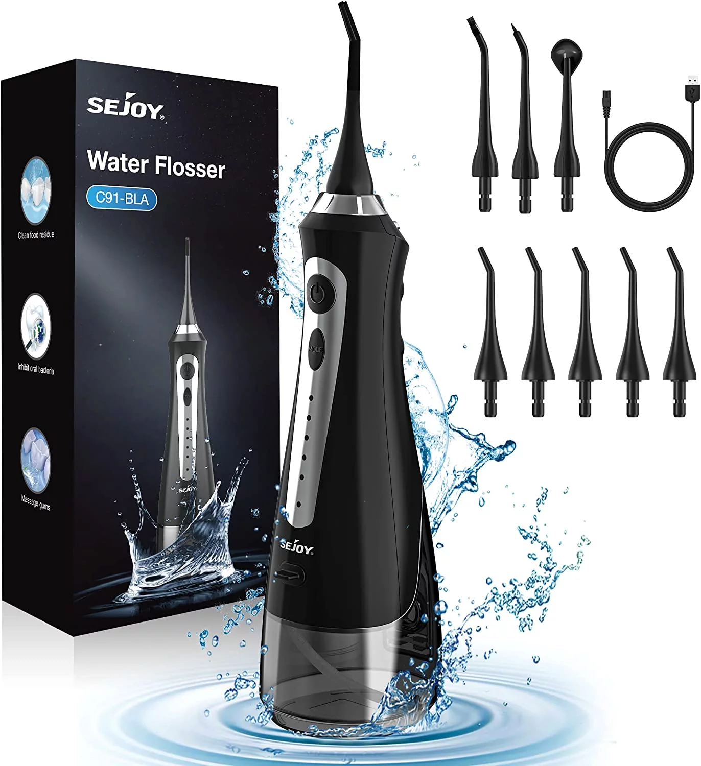 Sejoy Cordless Water Flosser, Dental Oral Irrigator, 5 Modes, 8 Jet Tips, 230ML Portable Rechargeable Waterproof Teeth Cleaner for Home and Travel