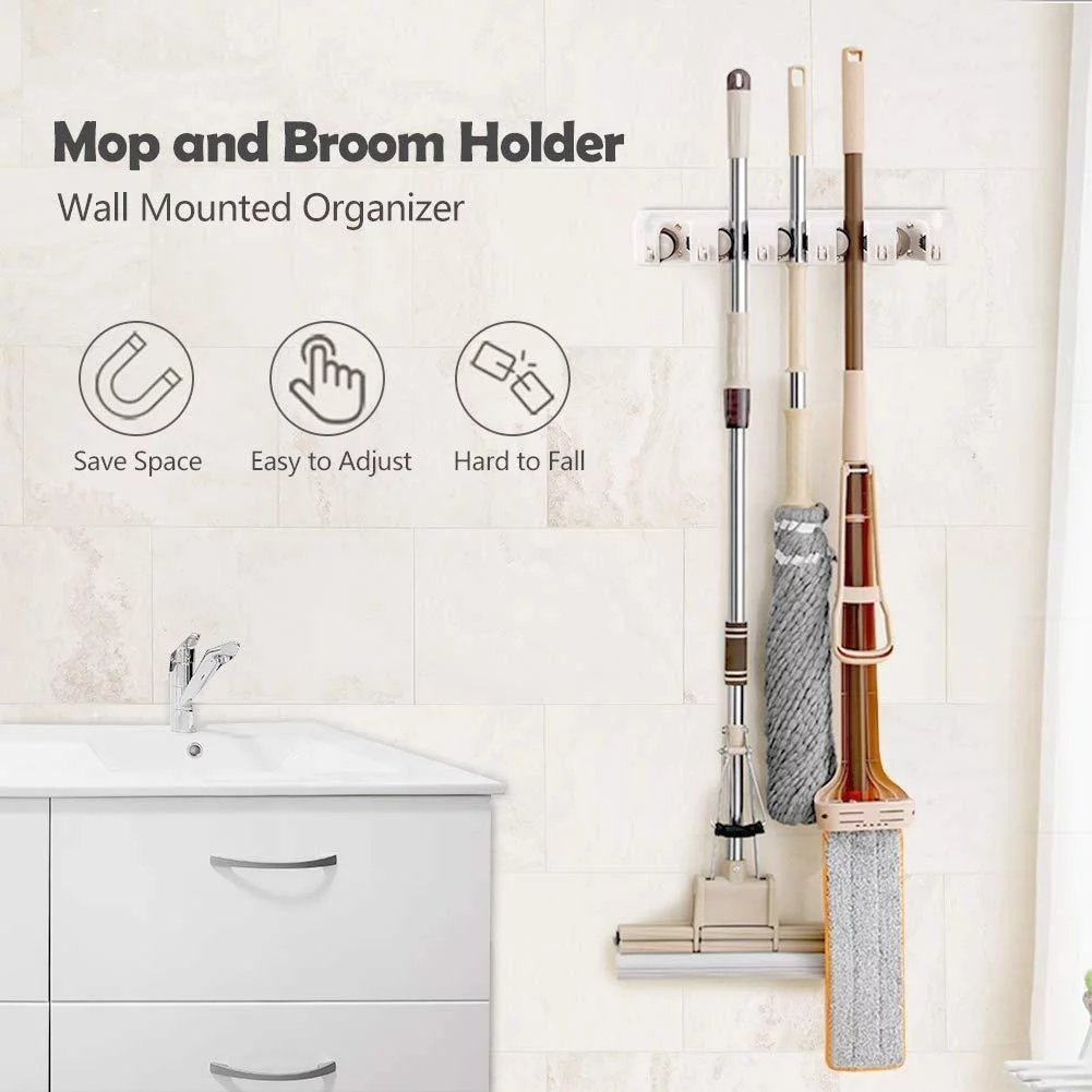 Costway White Wall Mounted Mop & Broom 5 Position Hanger, Kitchen Storage