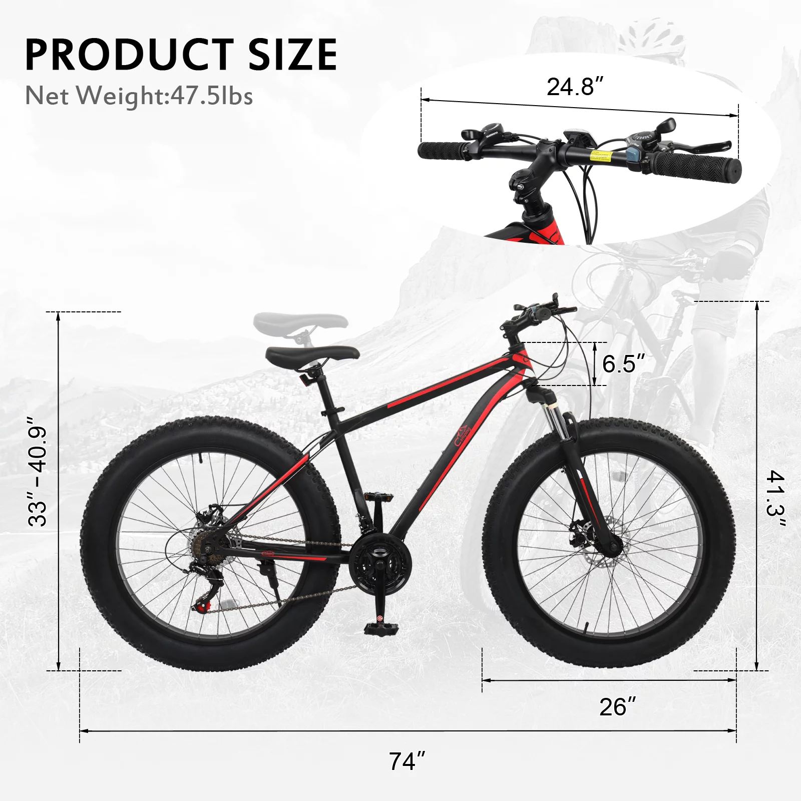 Ktaxon 26in Fat Tire Mountain Bike, 21 Speeds Shimano Drivetrain, High Carbon Steel, Red Black