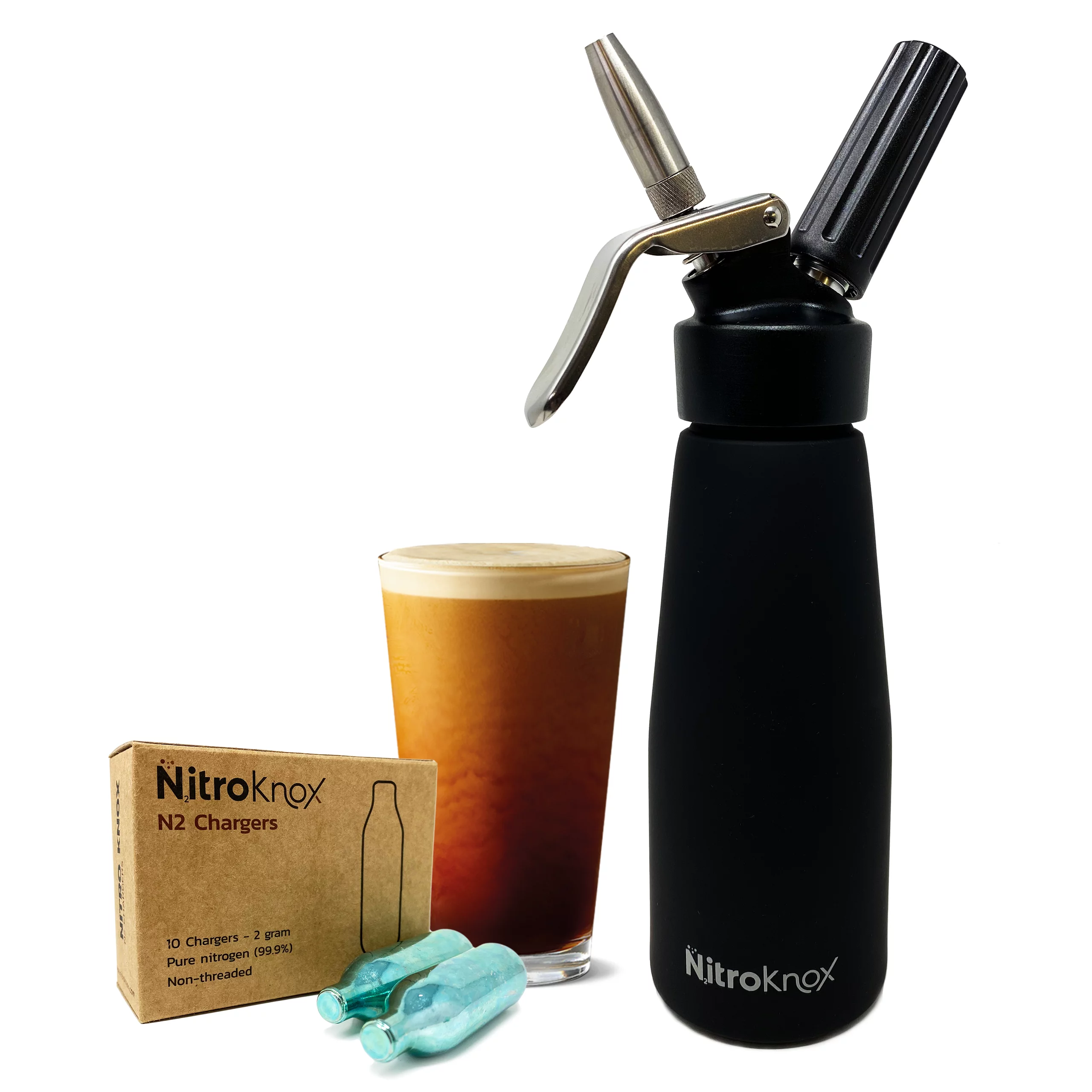 Nitro Cold Brew Coffee Kit by Nitroknox ?C Custom 1pt Aluminum Metal Head Dispenser, Pure Nitrogen (N2) Gas Chargers Cartridges ?C NCB Maker with x10 Chargers for Nitro Coffee From Home