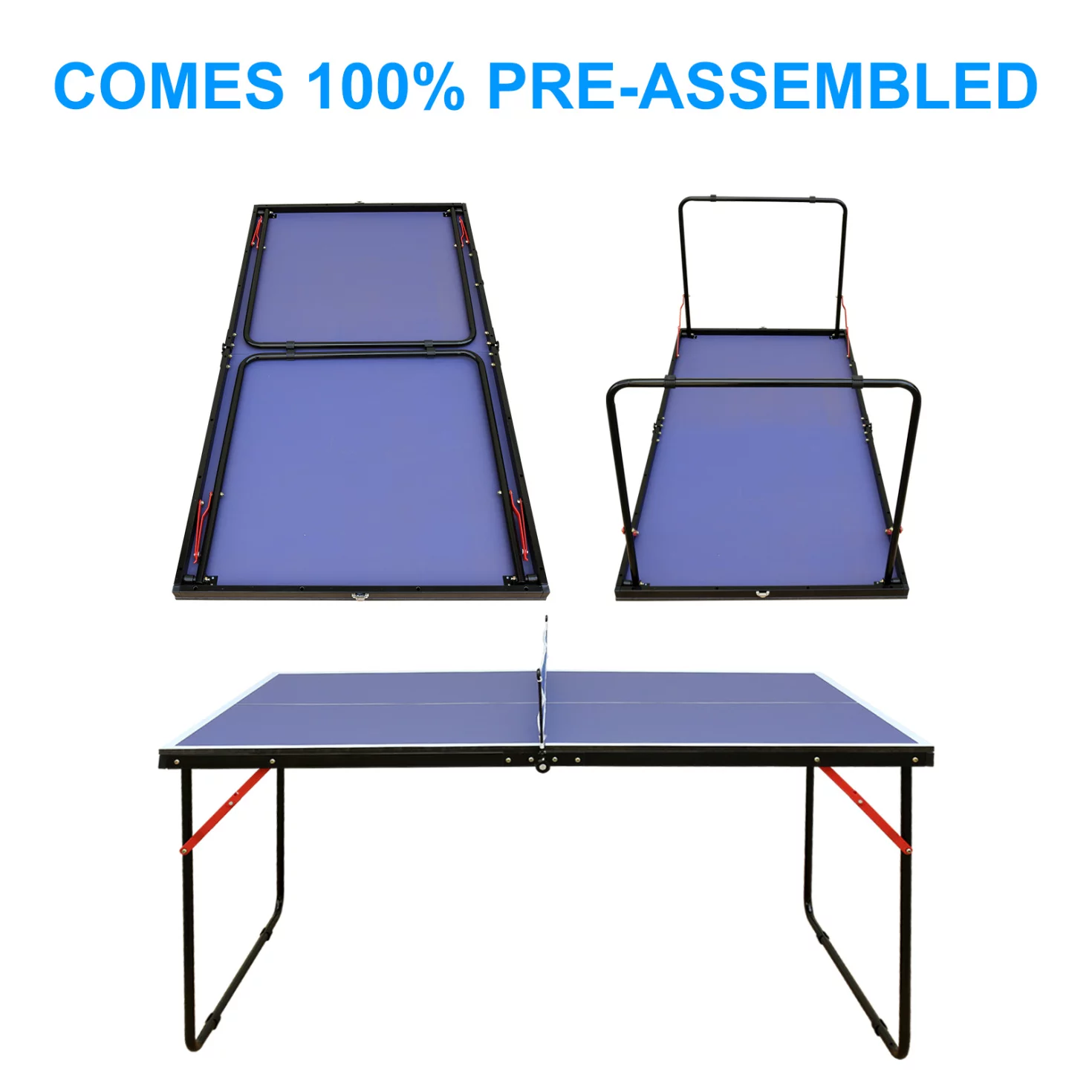 Mid-Size Foldable Ping Pong Table, Mid-Size Portable Table Tennis Table Set with Net, 2 Ping Pong Paddles and 3 Balls, for Indoor Outdoor Game, Noise Free,Blue