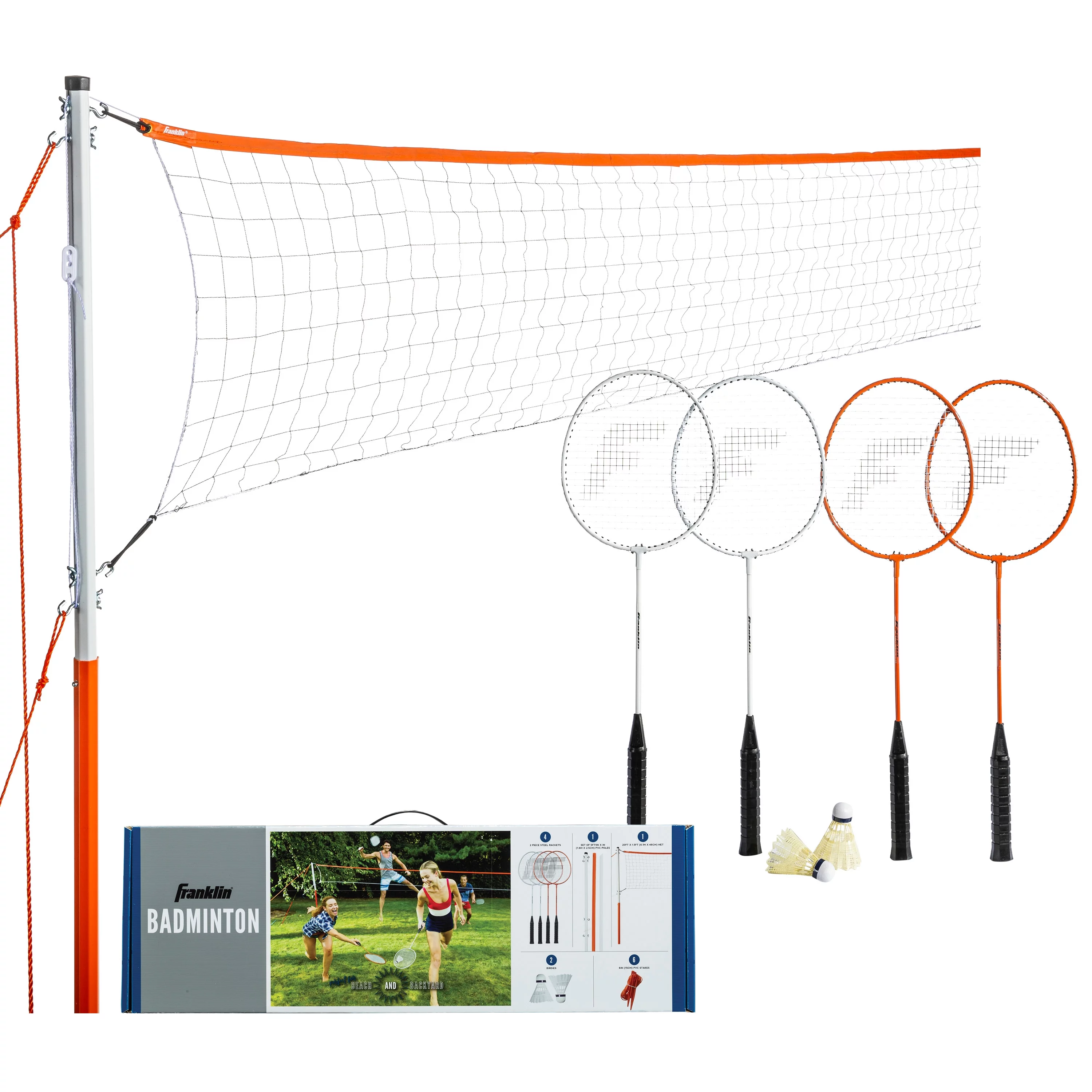 Franklin Sports Badminton Net Starter Set – Includes 4 Steel Rackets, 2 Birdies, Adjustable Net and Stakes – Backyard or Beach Badminton Set – Easy Net Setup