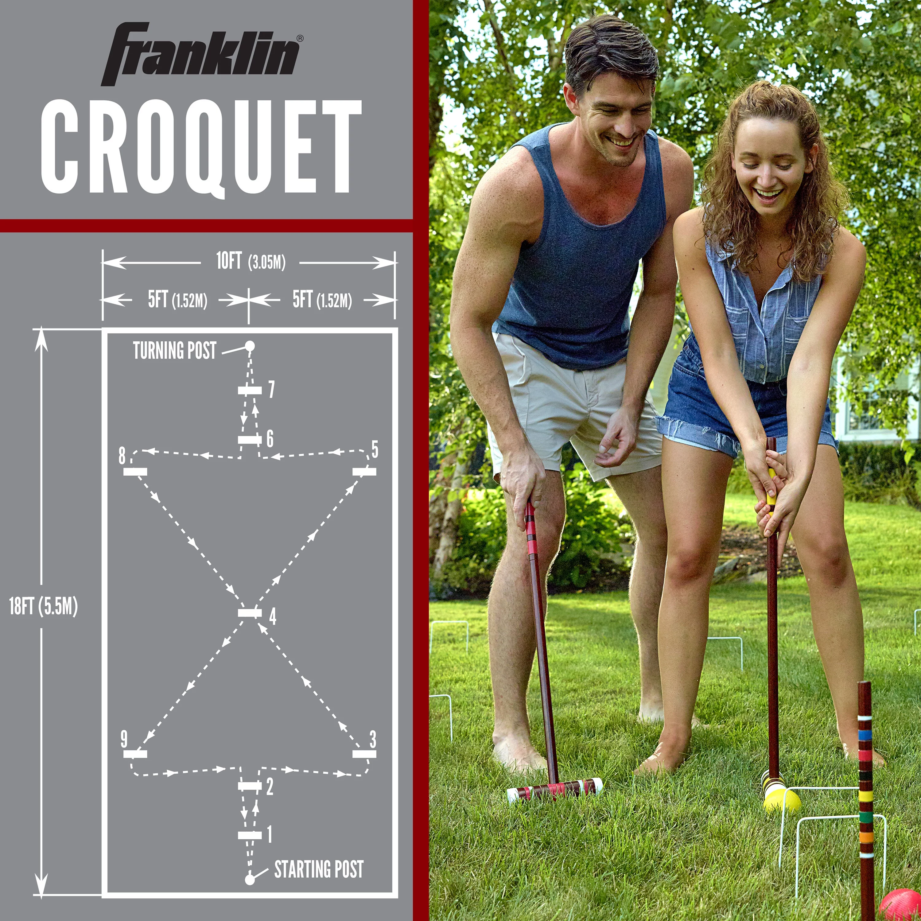 Franklin Sports Croquet Set – Includes 4 Croquet Wood Mallets, 4 All Weather Balls, 2 Wood Stakes and 9 Metal Wickets – Classic Family Outdoor Game – Starter Set