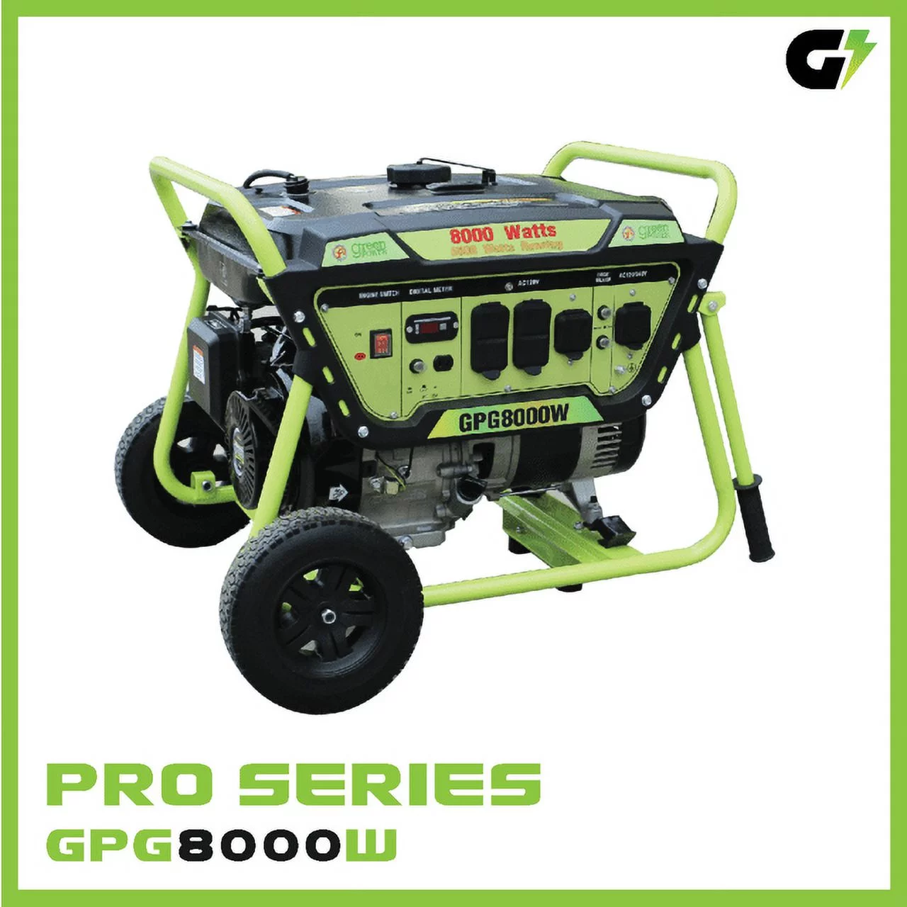 Green-Power America Gas Generator Pro Series GPG8000W delivers 8000 watts of starting power and 6500 watt of continious power