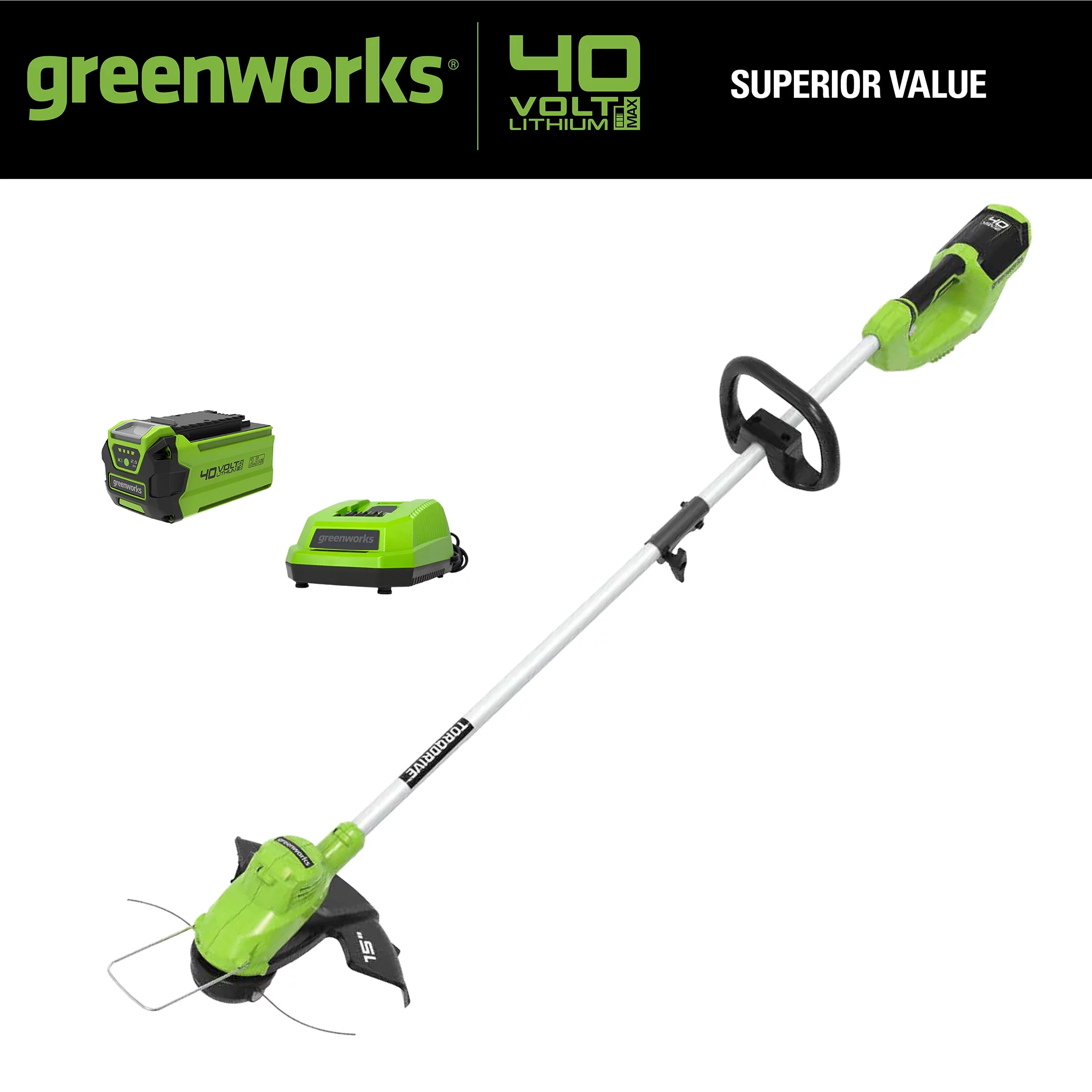 Greenworks 40V 15″ Straight Shaft String Trimmer with 2.5 Ah Battery and Charger, 2111802