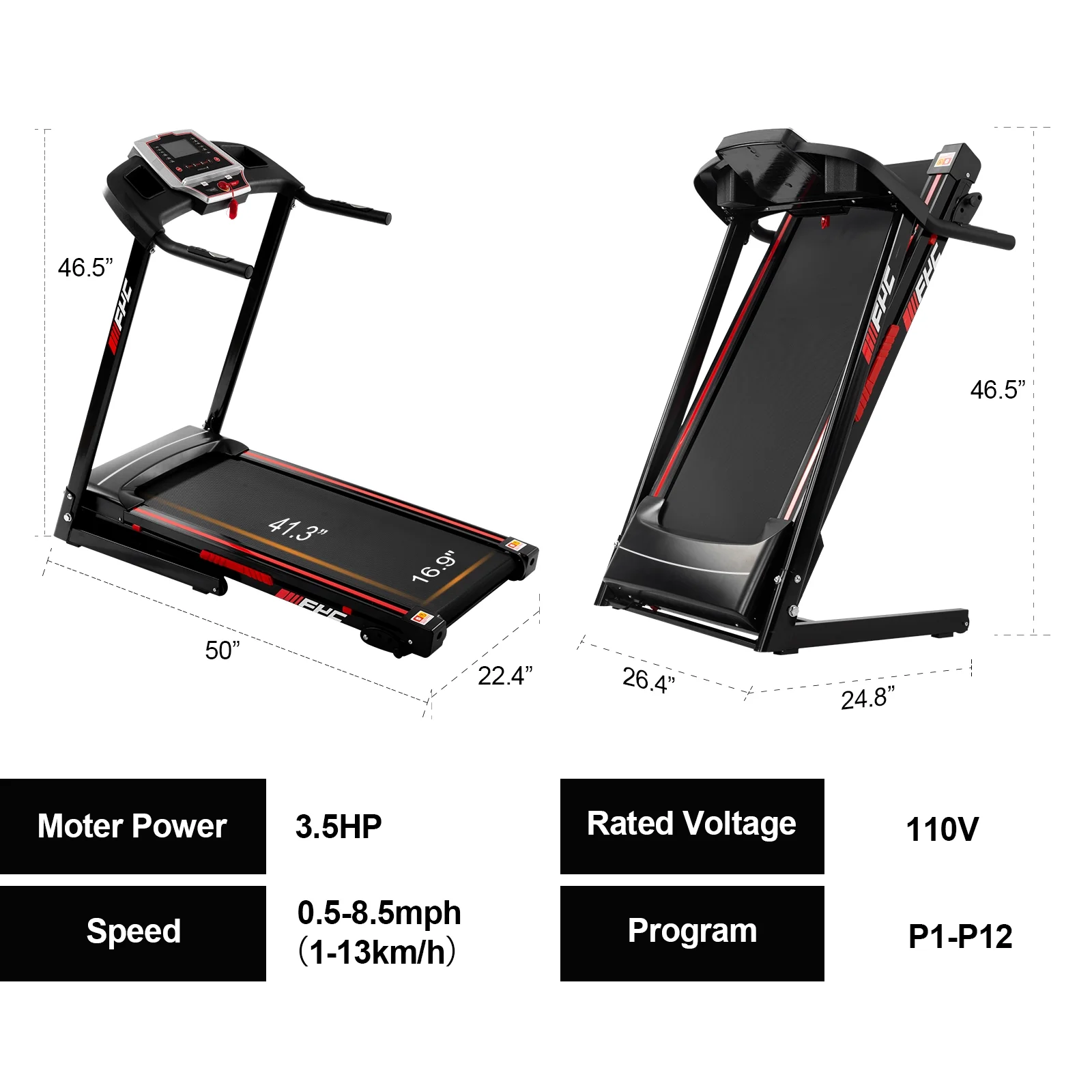 Folding Treadmills for Home – 3.5HP Portable Foldable with Incline, Electric Treadmill for Running Walking Jogging Exercise with 12 Preset Programs, Indoor Workout Training Space Save Apartment,APP