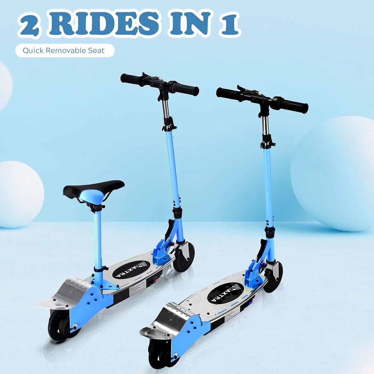 MAXTRA E120 Electric Scooter with Seat for Kids Ages 6-12, 60 Mins Long Battery Life, Removable Seat 2 Riding Styles, 155lbs Max Load, Light Blue