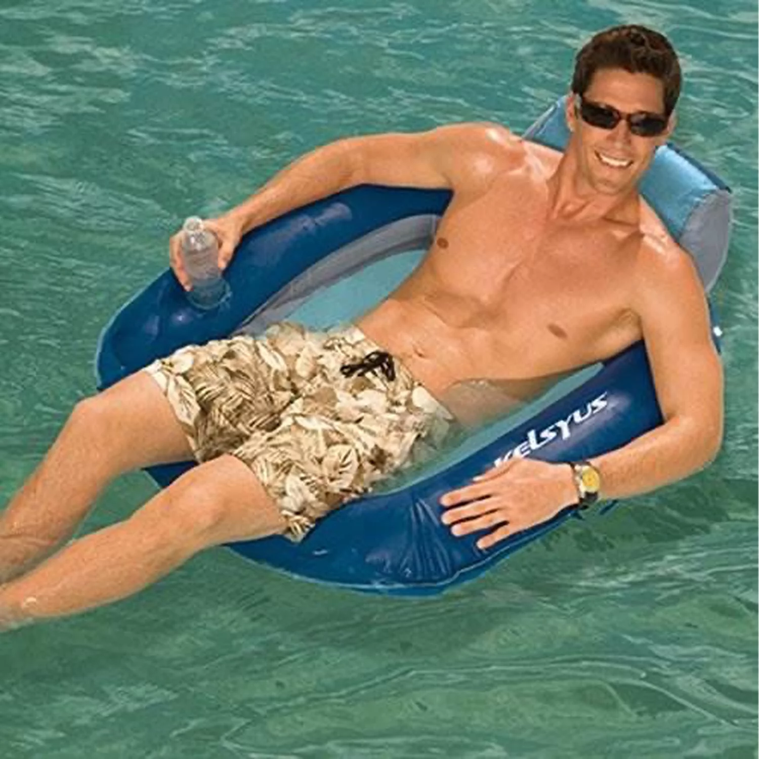 Kelsyus Floating Swimming Pool Lounger Inflatable Chair with Built-In Cup Holder & Tether Clip, Blue