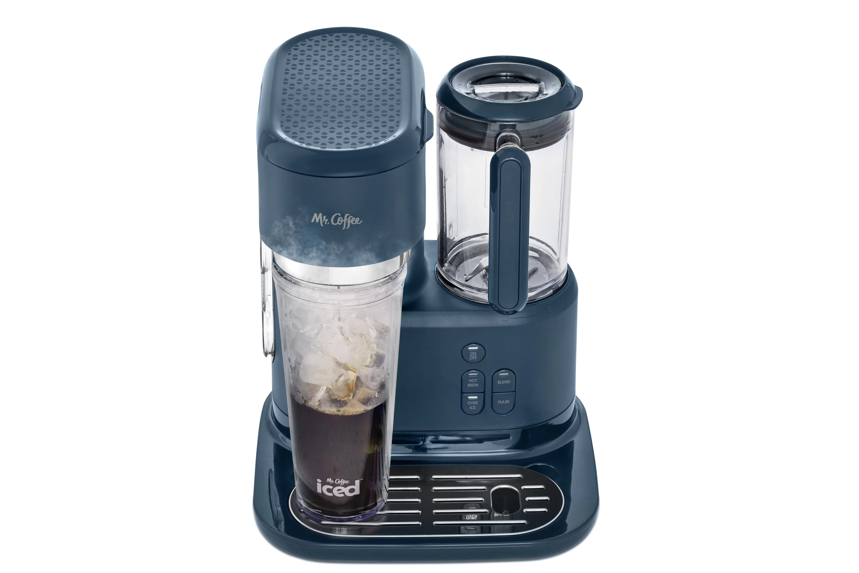 Mr. Coffee Single Serve Frappe, Iced, and Hot Coffee Maker and Blender, Single Serve Iced Coffee Maker with Reusable Tumblers and Coffee Filter, Navy Blue