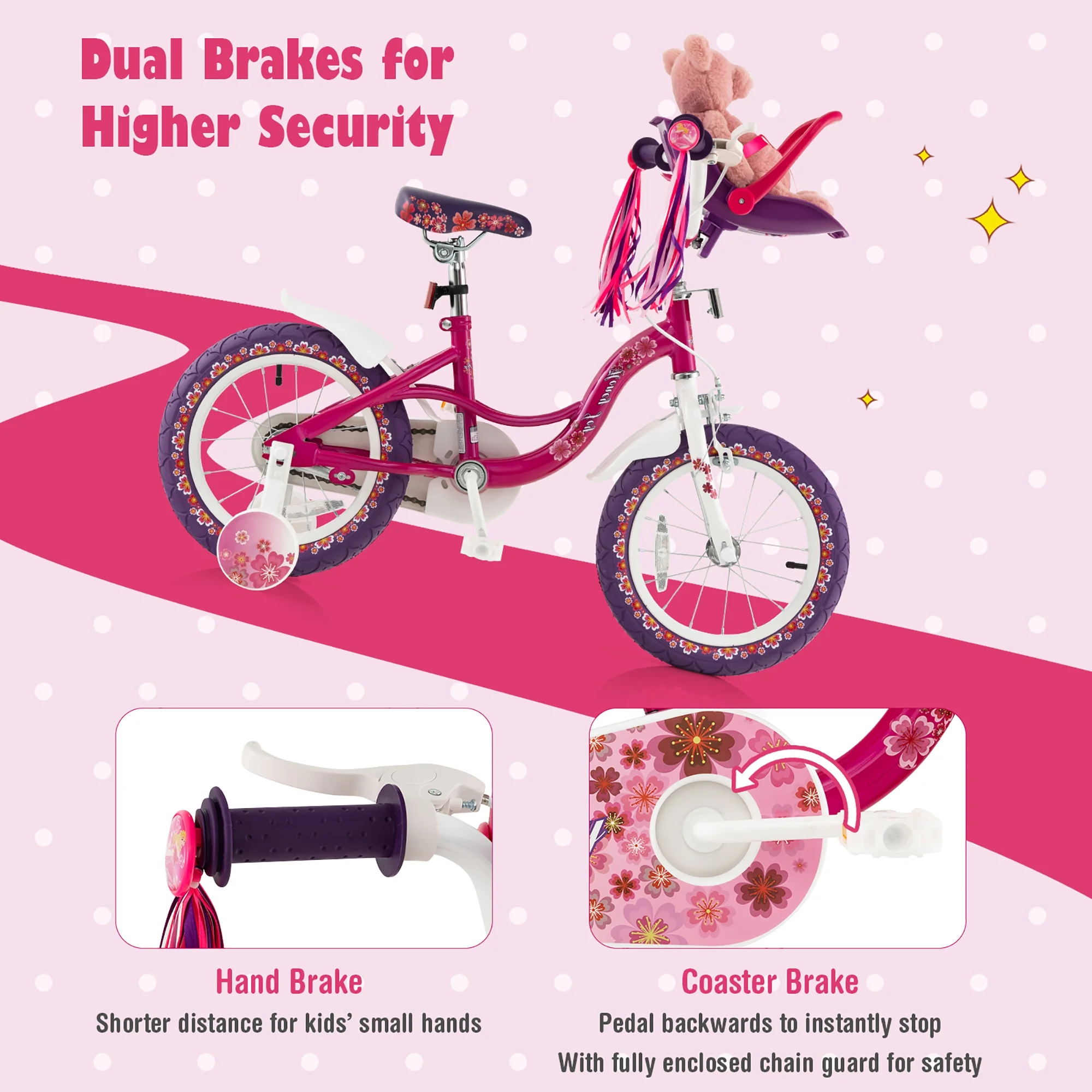 Costway 14” Kids Bike with Doll Seat Girls Bicycle with Training Wheels for 3-5 Years Old Girl