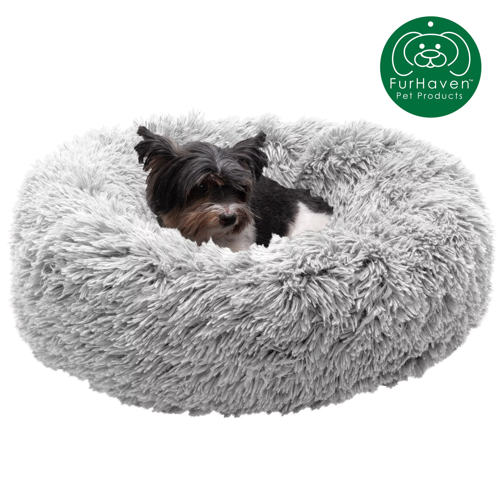 FurHaven Pet Products Calming Cuddler Long Faux Fur Donut Pet Bed for Dogs & Cats – Mist Gray, Small – 23″