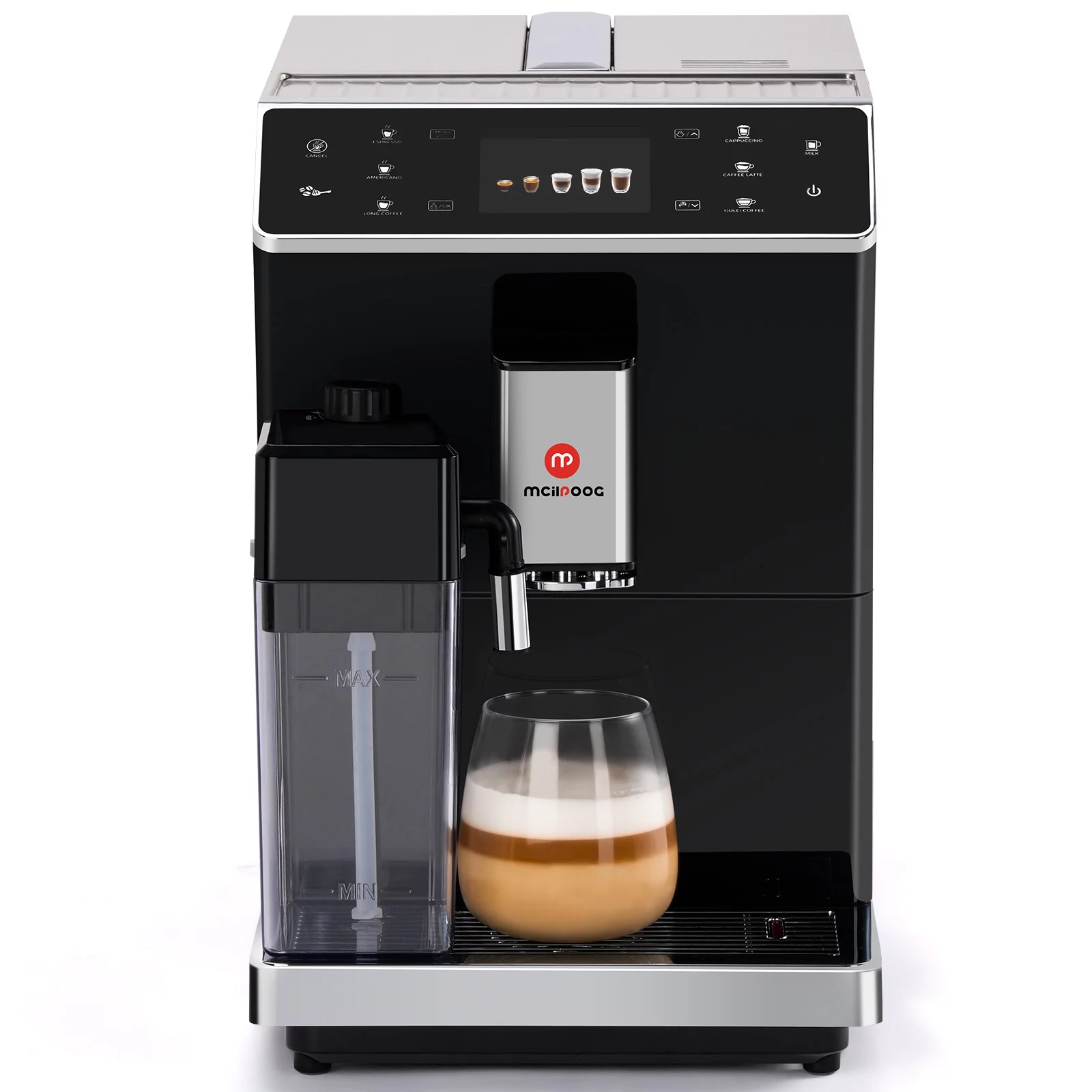 Mcilpoog Super Automatic Espresso Coffee Machine,Fully Automatic Espresso Machine With Grinder, Easy To Use Touch Screen Coffee Maker with Milk Frother.8 Coffee Recipes.WS-202