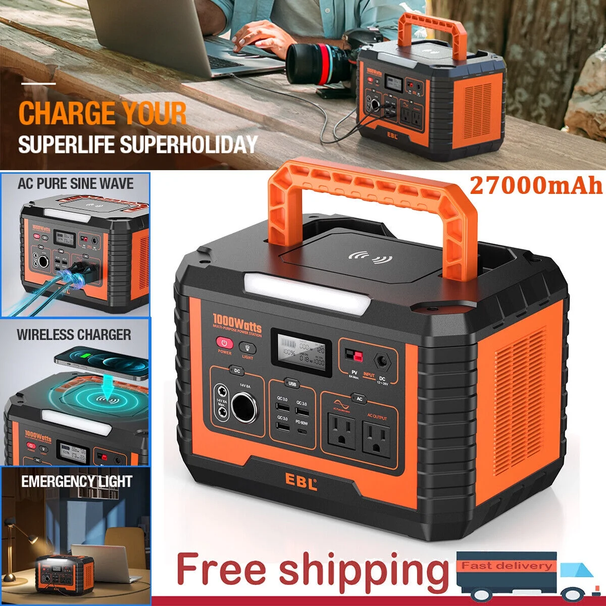 EBL 2Packs Portable Power Station 1000W Solar Generator(Peak 2000W) 270000mAh Waterproof