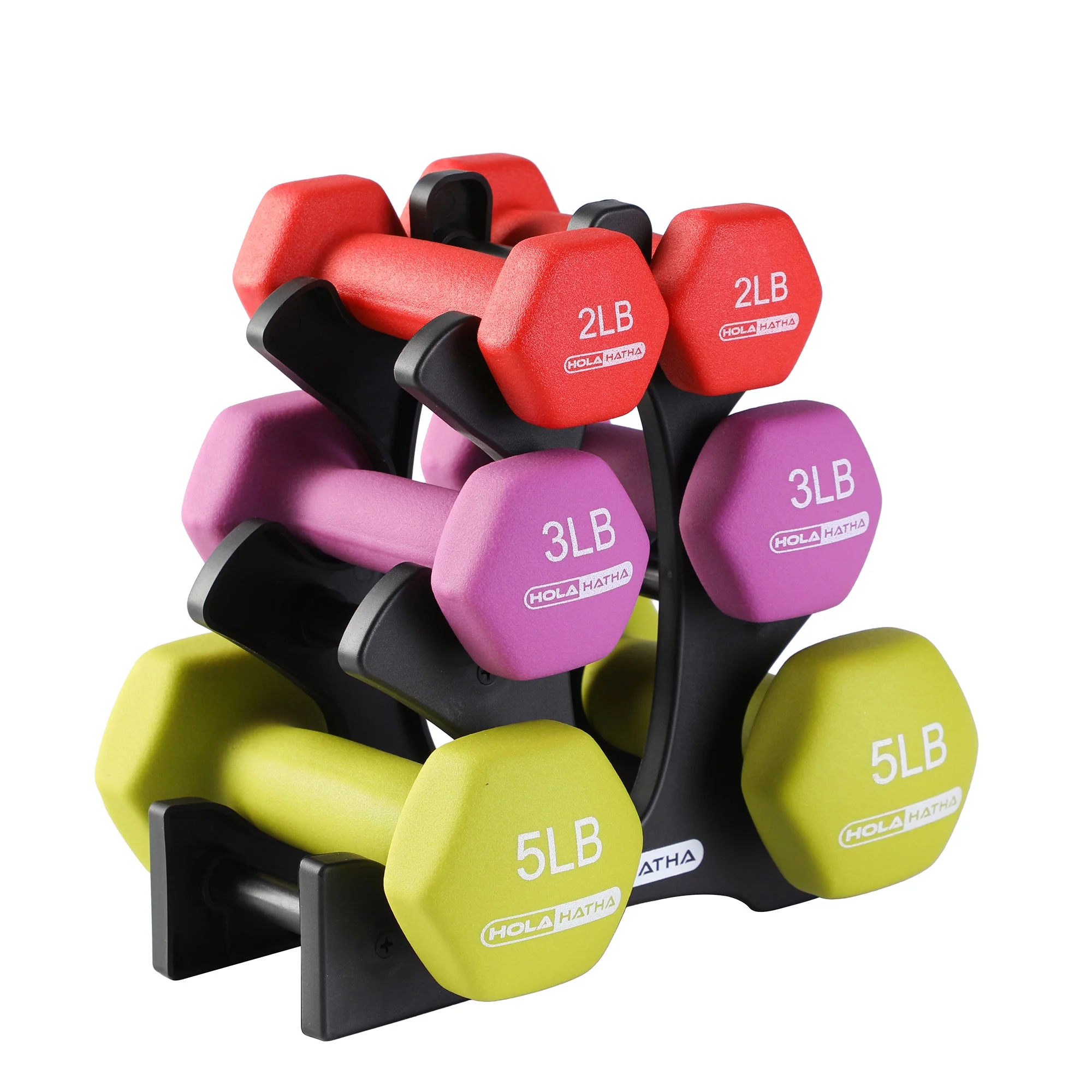 HolaHatha 3, 5, and 8 Pound Dumbbell Hand Weight Set with Storage Rack