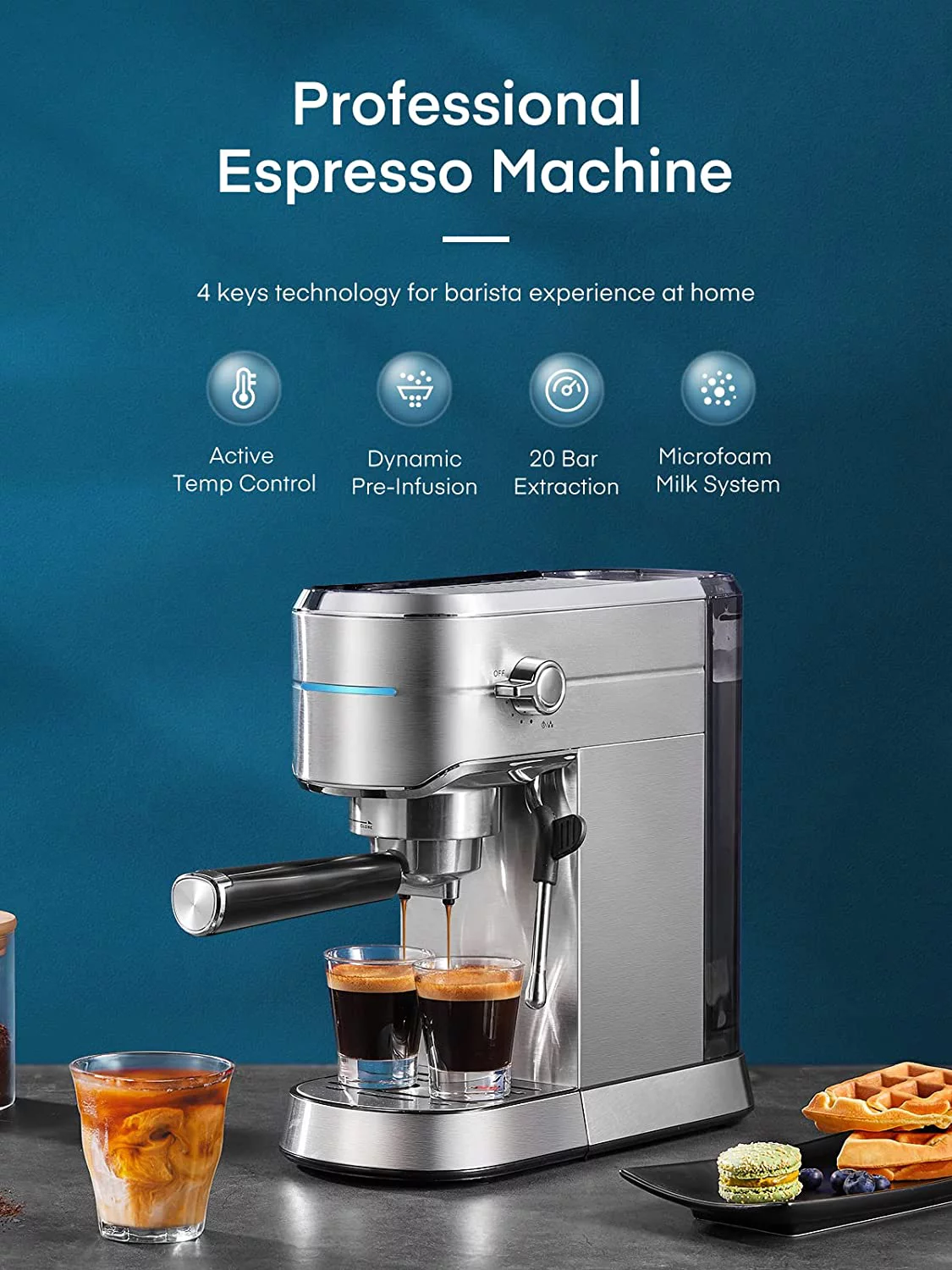 Espresso Machine, 20 Bar Espresso and Cappuccino Maker with Milk Frother Steam Wand, Stainless Steel, Silver