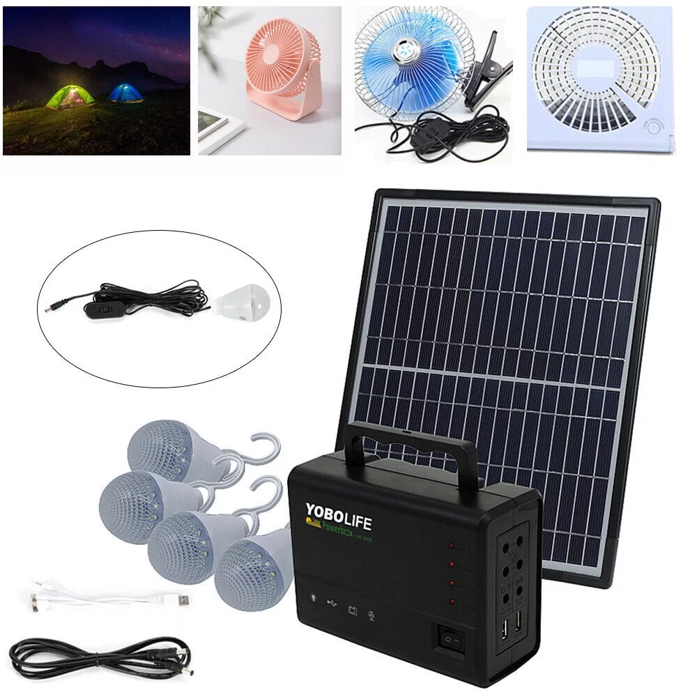 Fichiouy Portable Solar Panel Power Generator Kit Battery Pack Power Station w/ 4 Bulbs