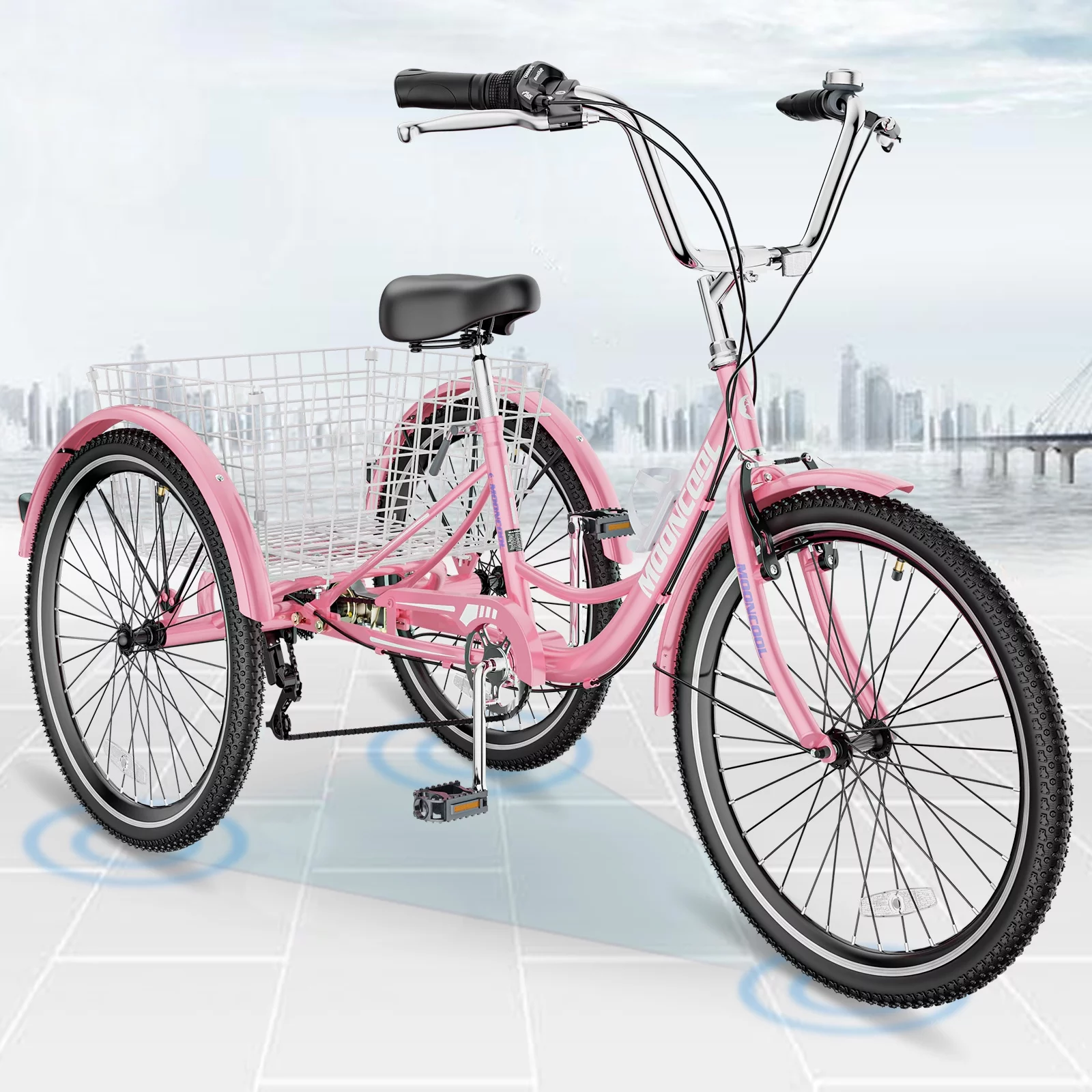 MOPHOTO 24″ Upgraded Adult Tricycle with Low-Step Through Frame, 7-Speed Seat Adjustable Cruiser Trike for Women Seniors, 3 Wheel Bicycle with Basket for Shopping, Exercise